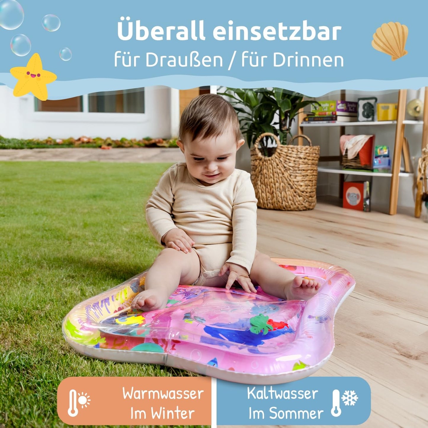 Mallie® Wassermatte Baby 66x50 CM [100% BPA & Schadstoff-Frei] ab 3, 6 und 9 Monate im Ozean Blau Design I Baby Spielzeug, Spielzeug Ab 6 Monate als Wassermatte Baby und Baby Spielzeug 6 Monate
