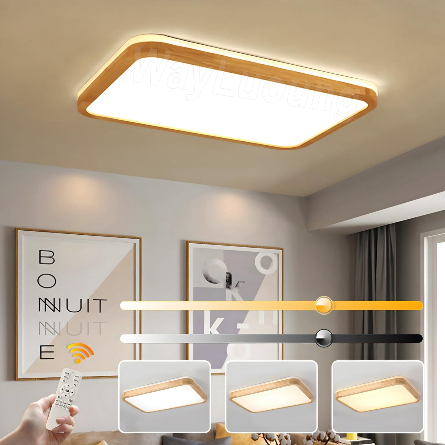 LED Wooden Ceiling Light, Diameter 30 cm, 3000 K, 1620 lm, 18 W, Ceiling Light with Square Top, 360° Luminous Natural Wood, Bedroom, Living Room, Children's Room, Kitchen, Dining Room (Warm White)