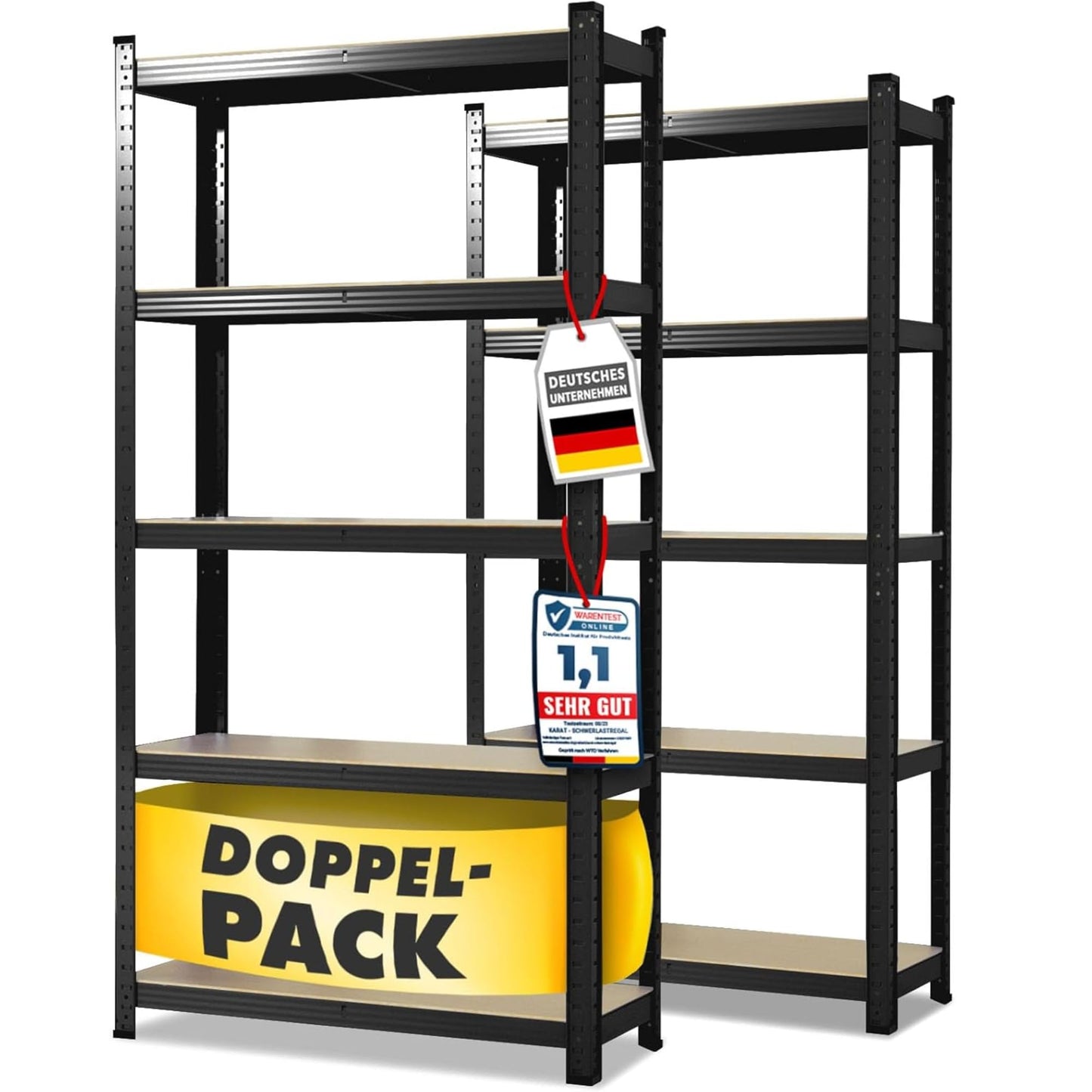 OfficeMarshal Double Pack Heavy Duty Shelves Black, 180 x 90 x 40 cm, Boltless Shelf, Storage Shelf, Standing Shelf, Plug-In System, Can be Assembled without Tools (Lakota)