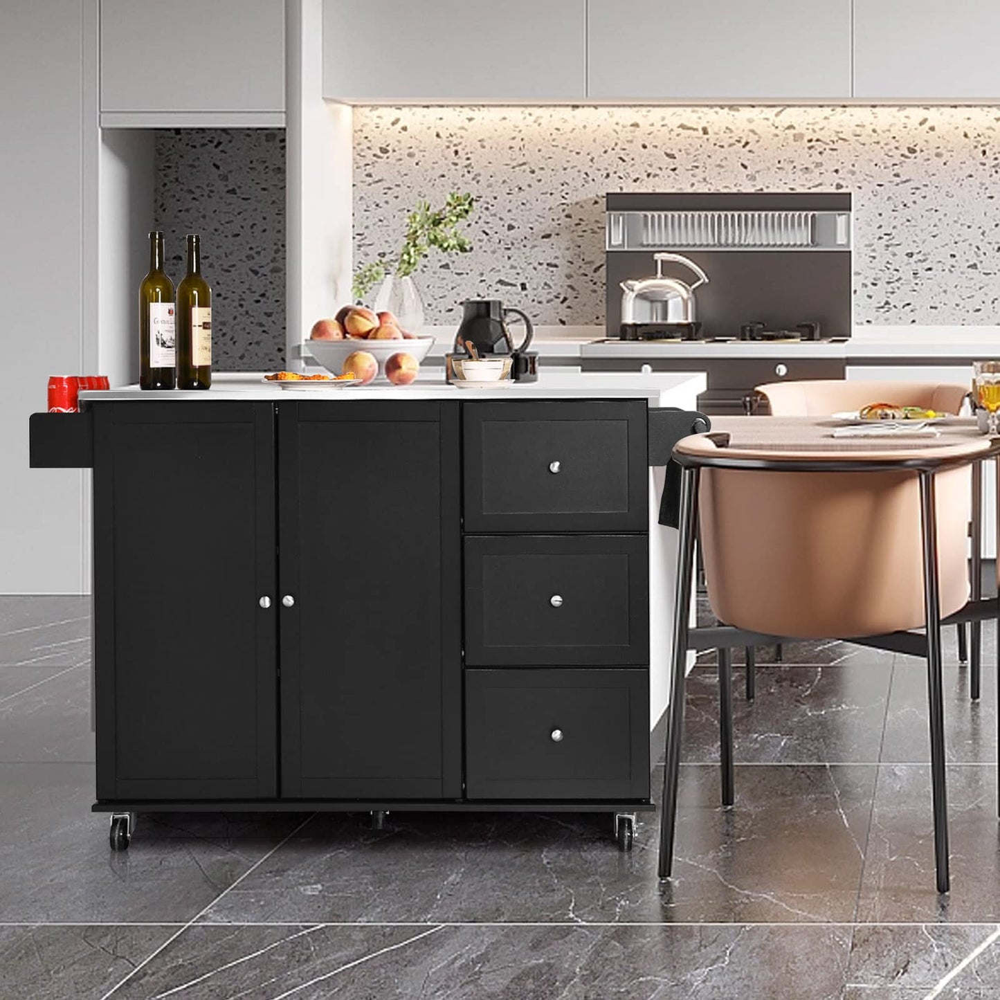 KOMFOTTEU Movable Kitchen Island with Stainless Steel Worktop, Kitchen Trolley with 3 Drawers & Towel Rail & Adjustable Shelf, Kitchen Cabinet on Wheels, Kitchen Trolley 135 x 45.5 x 91.5 cm (Black)