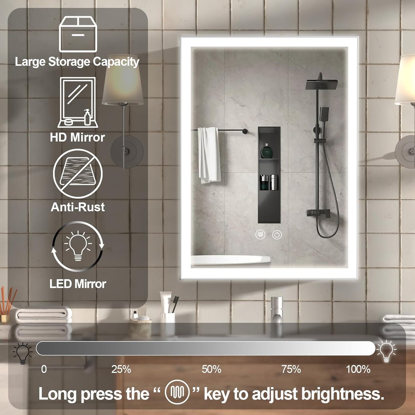 Aovquof Mirror Cabinet with Lighting - 90 x 60 cm Bathroom Mirror Cabinet with Storage Space, Bathroom Mirror Cabinet with Adjustable Dimmable LED Lights with Demist Function, Modern Cream Colour