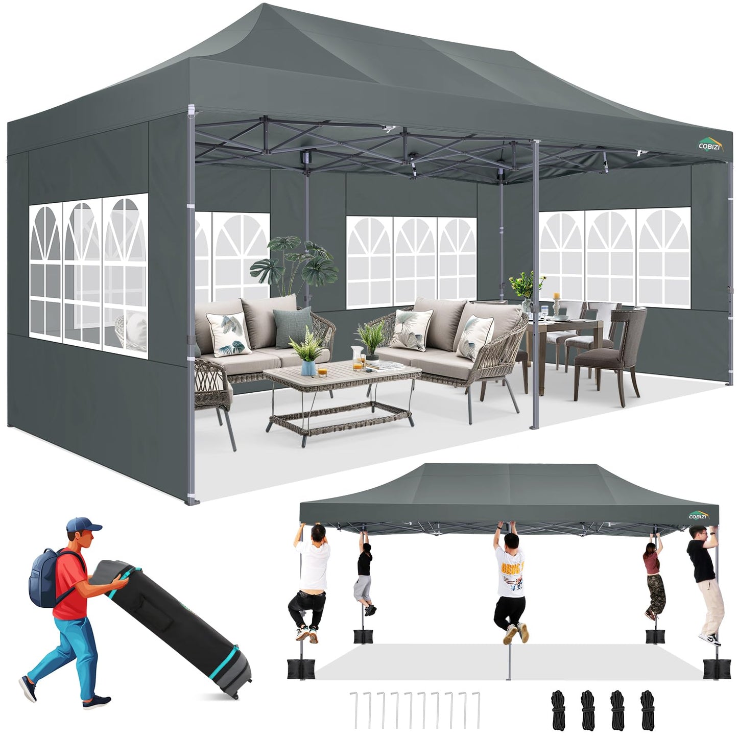 Tooluck Folding Gazebo, 3 x 4.5 m, Waterproof, Stable, Outdoor, Garden Party Tent, UV Protection 50+, with 4 Side Panels, Grey