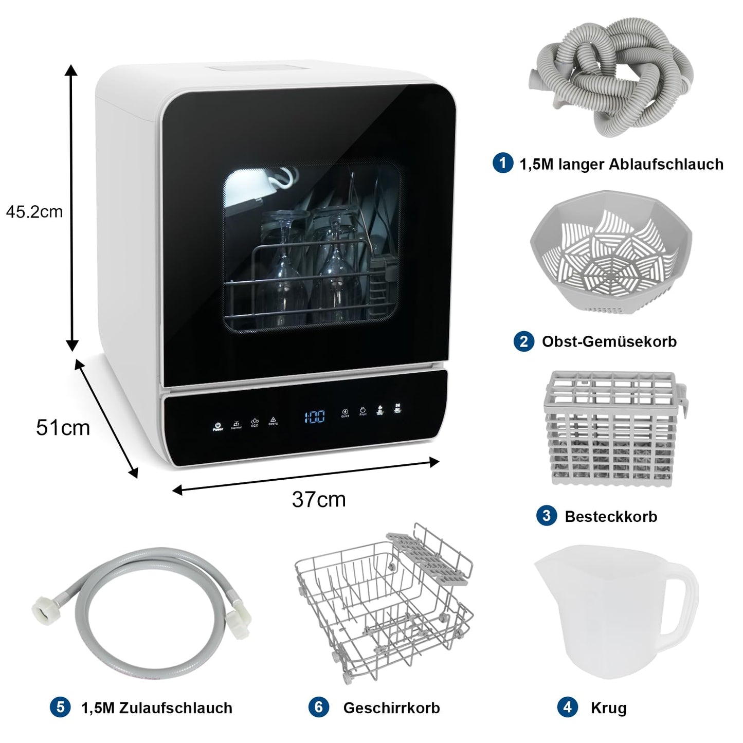 Mini Dishwasher for 3 Place Settings, Table Dishwasher with 7 Programmes with Drying Function, Can Be Used With/Without Water Connection, Dishwasher 4.8 L, Touch Control for Motorhomes, Homes