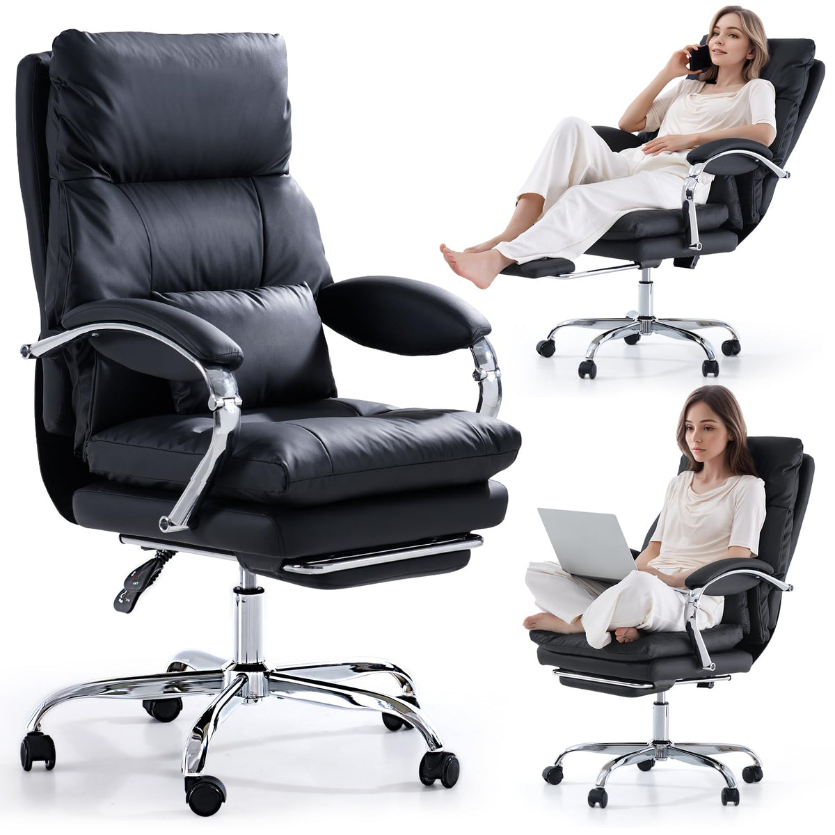 EMIAH Bürostuhl mit Fußstütze, Bequemer Schreibtischstuhl mit Gekreuzten Beinen und Armlehnen, Ergonomischer Chefsessel aus PU Leder mit Rollen, Computer Gaming Stuhl mit Verdicktem Kissen, Beige