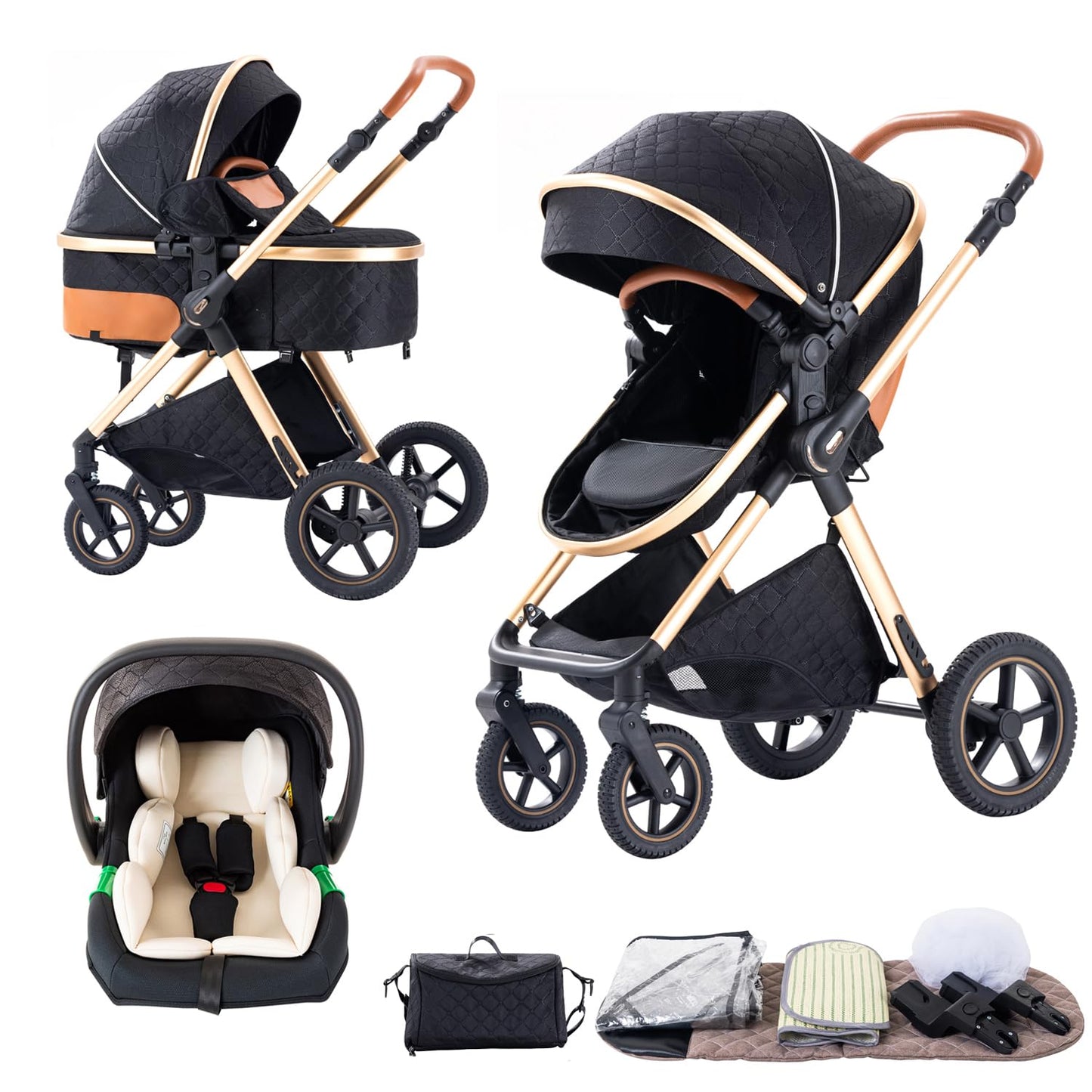 BEBBY 3-in-1 Pushchair Combination Pram Set 2-in-1 Buggy Foldable Luxury High Landscape Newborn Portable Foldable Pushchair Travel System (Black Gold, H2)