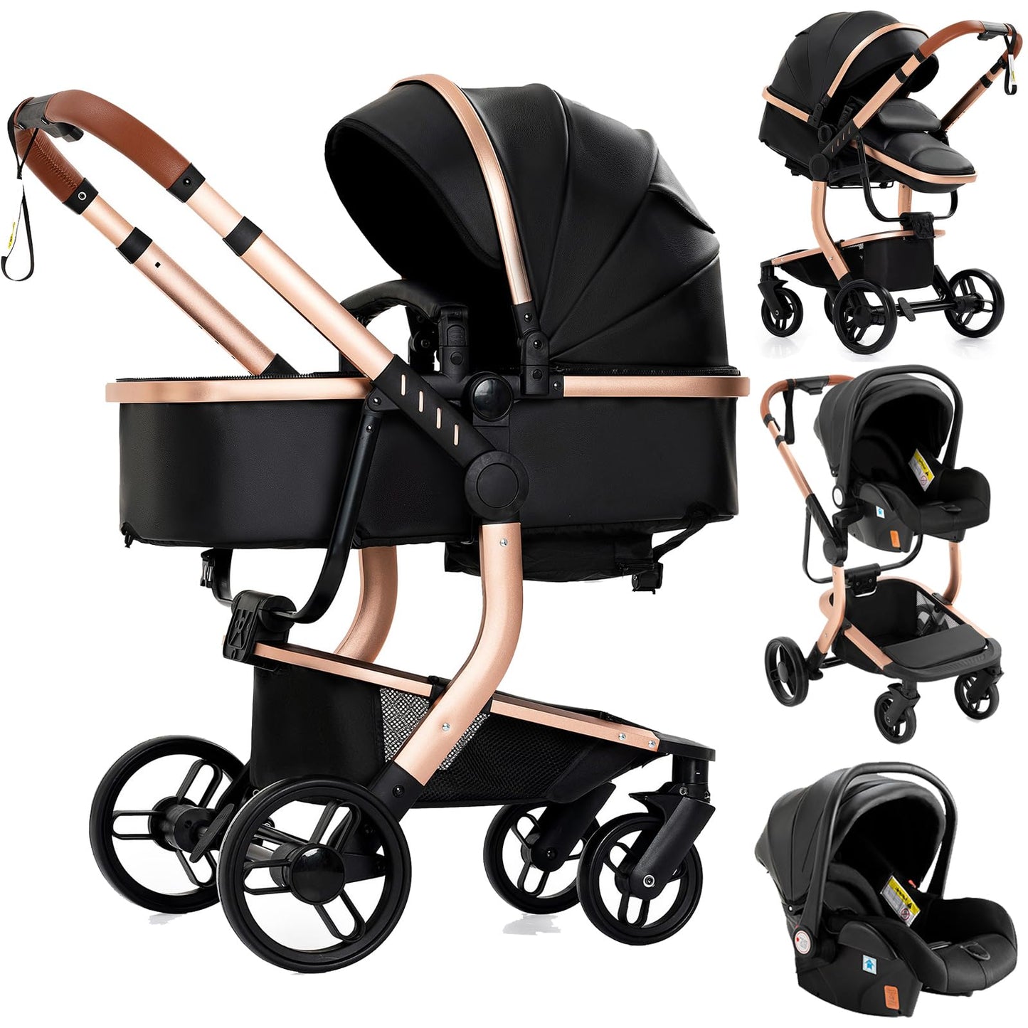 Doraystar 360° Rotation PU Leather Pushchair 3-in-1 Combination Pushchair 3-in-1 with Two Reversible Sliding Modes, Pushchair Complete Set with One-Click Folding Design, Aluminium Alloy Frame (906