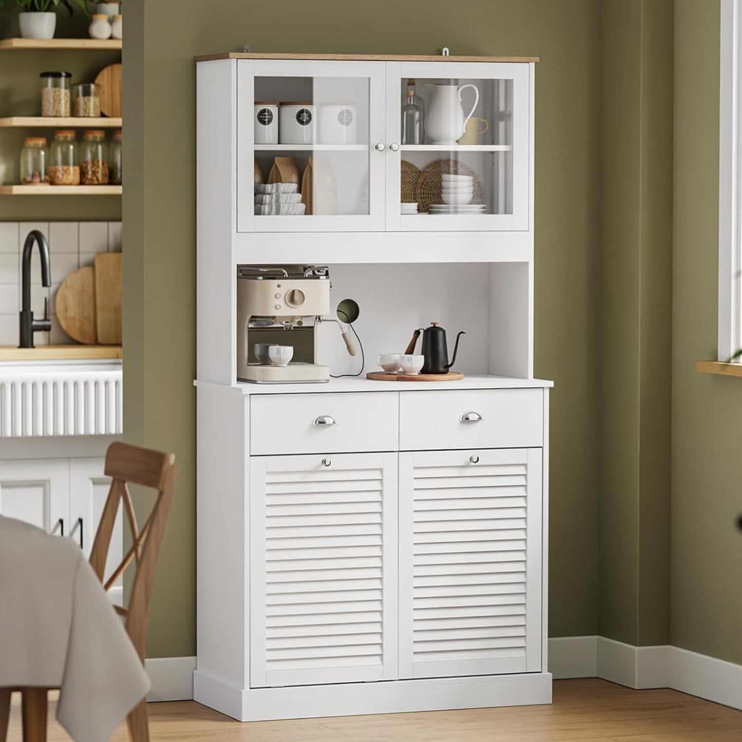 SoBuy FSB101-W Tall Cabinet with Glass Doors and Tilting Compartment, Kitchen Cabinet with Microwave Compartment, Sideboard Chest of Drawers with Doors and Drawers for Kitchen, Living Room & Storage