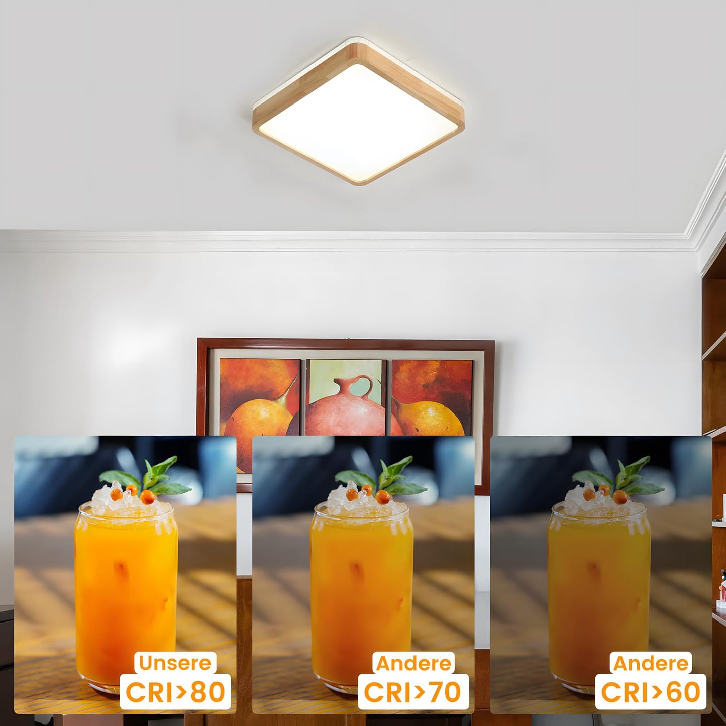 LED Wooden Ceiling Light, Diameter 30 cm, 3000 K, 1620 lm, 18 W, Ceiling Light with Square Top, 360° Luminous Natural Wood, Bedroom, Living Room, Children's Room, Kitchen, Dining Room (Warm White)