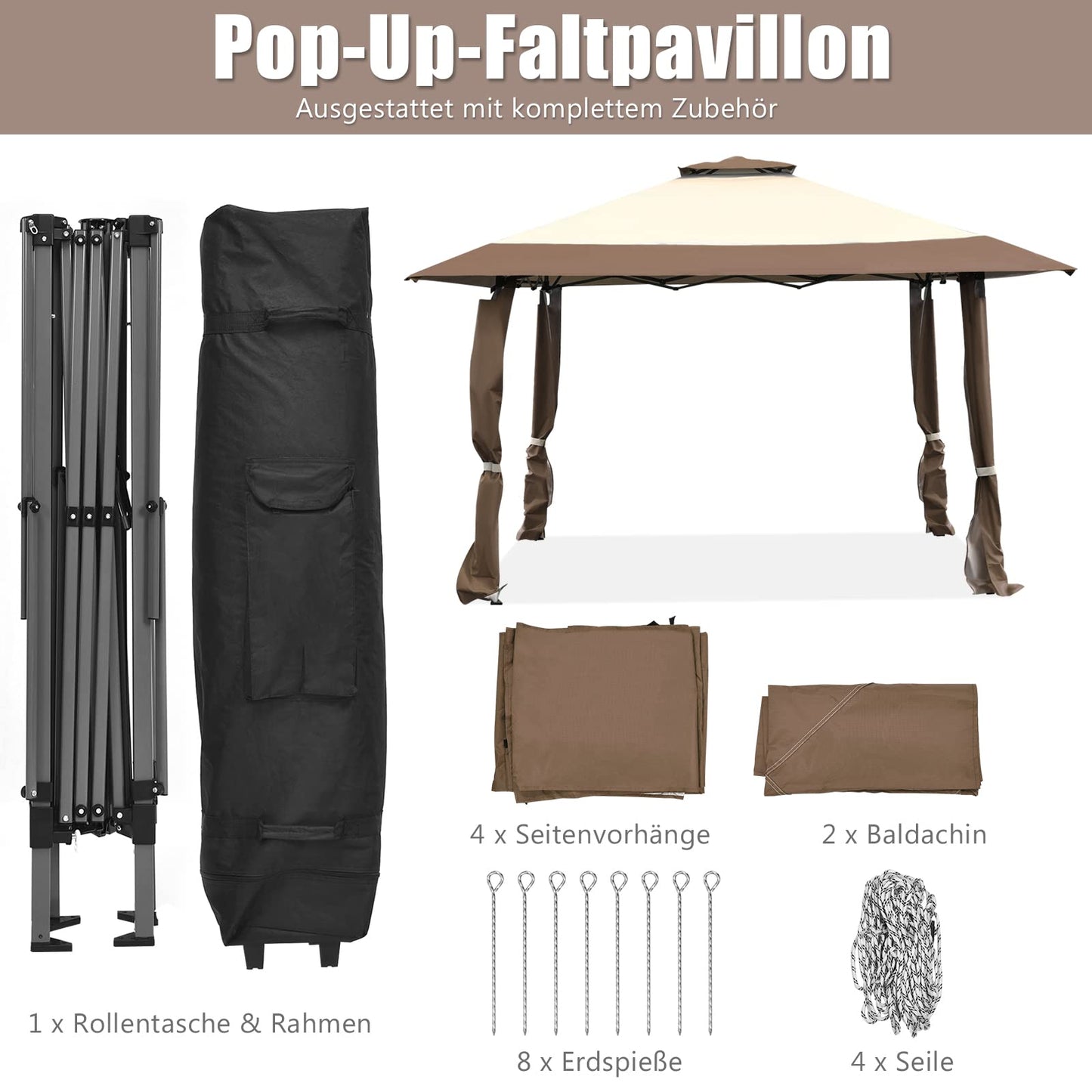 COSTWAY Gazebo 4 x 4 m, Pop-Up Folding Gazebo with Double Roof, Waterproof, Stable, UV Protection 50+, Garden Gazebo with Carry Bag on Wheels, Garden Tent for Patio, Garden (Grey)