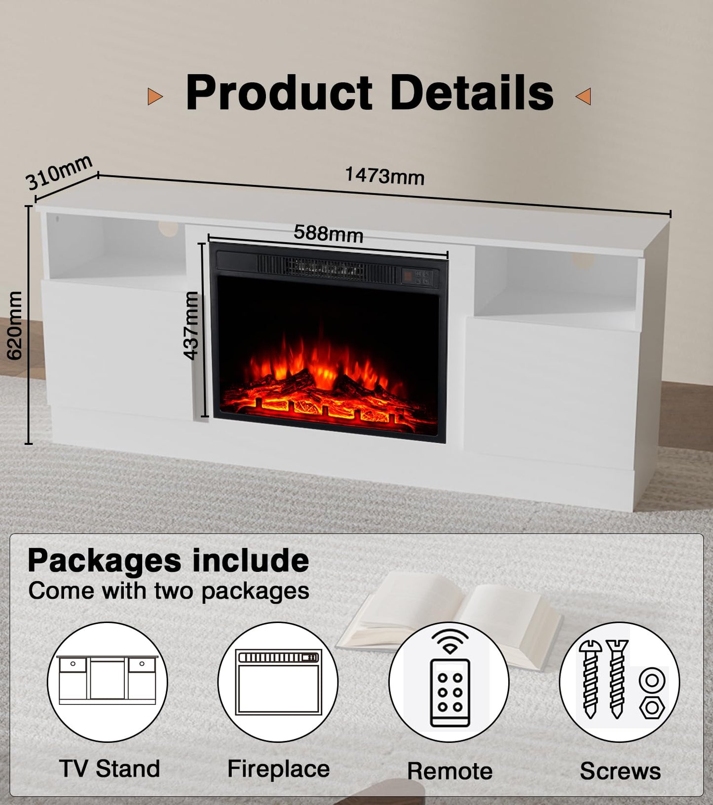 M.C.Haus Electric Fireplace with TV Stand, 58.8 cm Fireplace, for up to 143.9 x 80 cm TV, Modern Wooden Structure Entertainment Centre with LED Light, Highlight Cabinet and Glass Front, 147.3 cm,