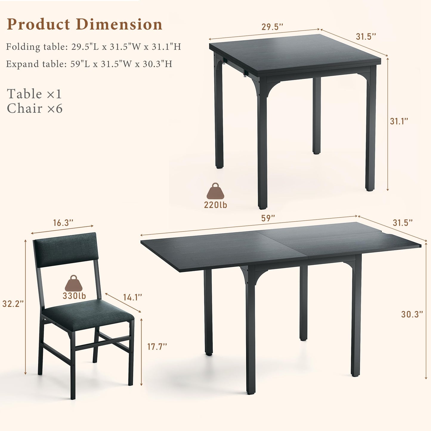 7-Piece Dining Table Set for 4-6, Extendable Kitchen Table Cushion Chairs Set of 6 with 6 Chairs, Rectangle Dining Table with Metal Frame & MDF Board, Folding for Small Apartment Saving Space,Grey Oak