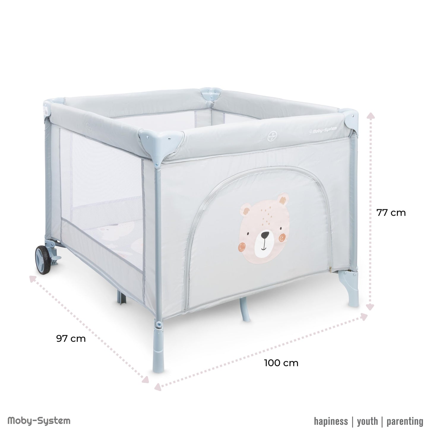 Moby-System Baby Travel Cot 128 x 68 cm - Foldable Children's Travel Bed with Mattress & Carry Bag - Playpen with Side Exit - for Babies up to 15 kg - Grey