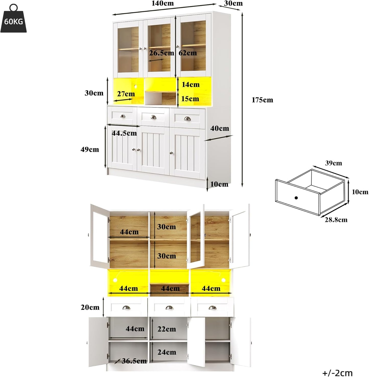 Dolamaní Kitchen Cabinet Buffet Cabinet 140 x 40 x 175 cm with LED More Storage Space for Kitchen, Buffet with Worktop & Adjustable Shelf, Display Cabinet with 3 Drawers with 6 Doors (Black)