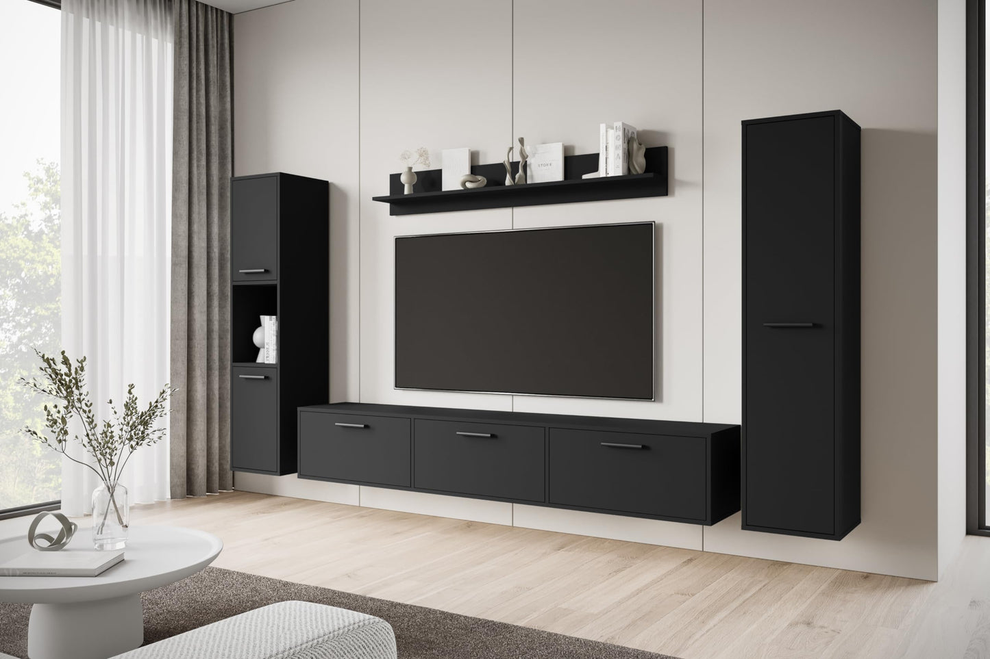 MINIO go for it - Living Room Wall Unit 4-Piece Toga, Living Room Furniture Set, 1 x TV Lowboard, 2 x Tall Cabinet, 1 x Wall Board, Living Room Furniture Complete, Living Room Set - Colour Wotan Oak
