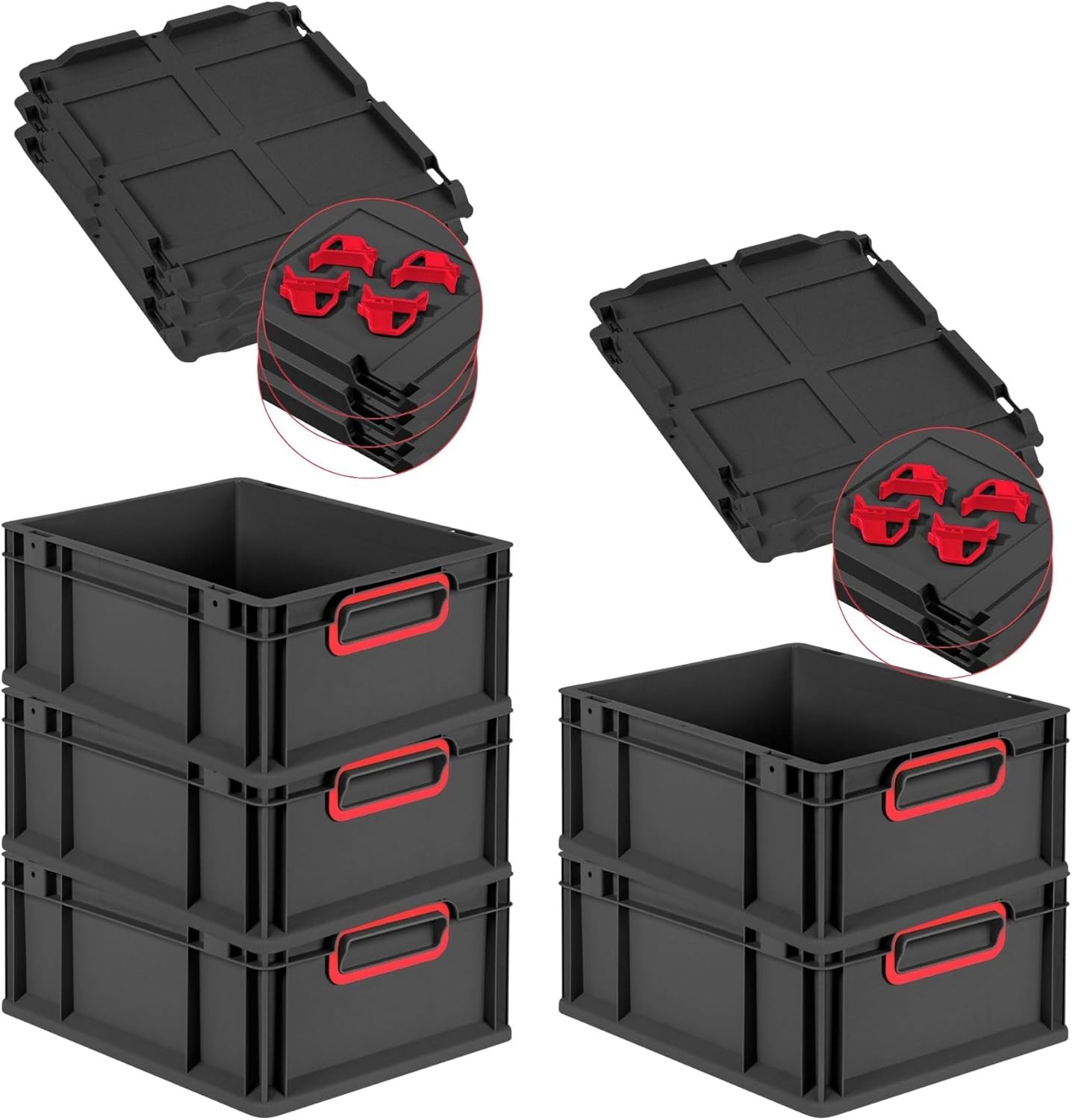 PROREGAL Economy Set of 5 Eurobox NextGen Colour with Lid and Sliding Snap Fasteners, H x W x D 22 x 30 x 40 cm, 20 L, Black, Closed Handles, Euro Container, Transport Box, Transport Container