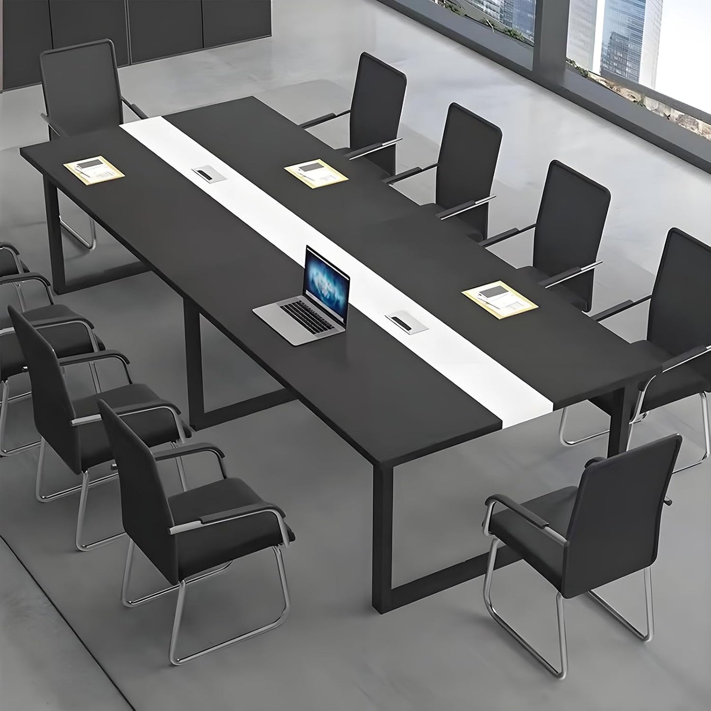 Large Conference Table, Modern Meeting Table with Cable Channel and Black Metal Frame for 8-12 People, Rectangular Seminar Table for Office, Conference Room