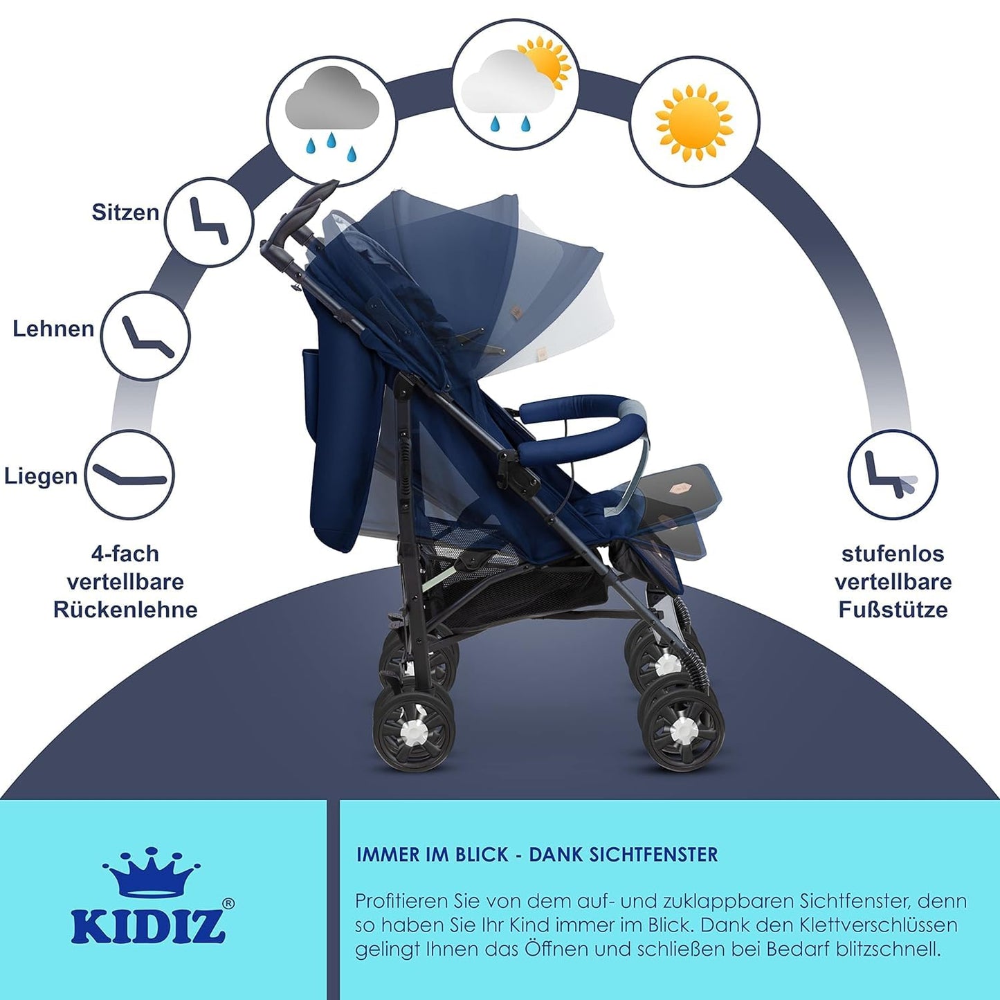 KIDIZ® City-Pro Pushchair Folding Pushchair Pushchair Sports Pushchair Foldable 360° 6 Inch Wheels Includes Mosquito Net, Footmuff and Rain Cover Foldable Sleep Function Blue