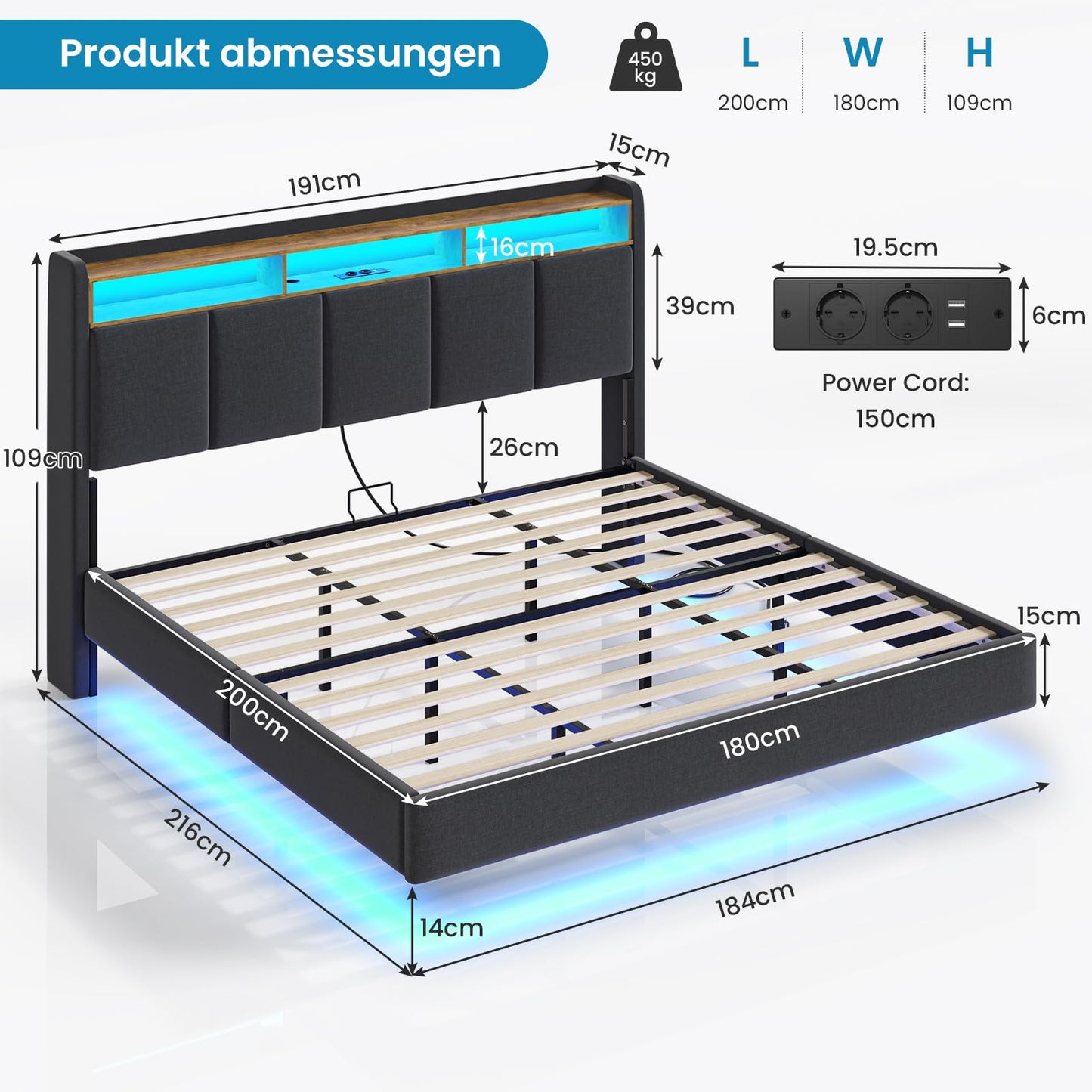 Upholstered Bed 180 x 200 cm Floating Bed with LED Lighting, Headboard and Charging Station (2 AC Sockets, 2 USB Ports), Bed 180 x 200 cm with Storage Space, Modern Double Bed with Slatted