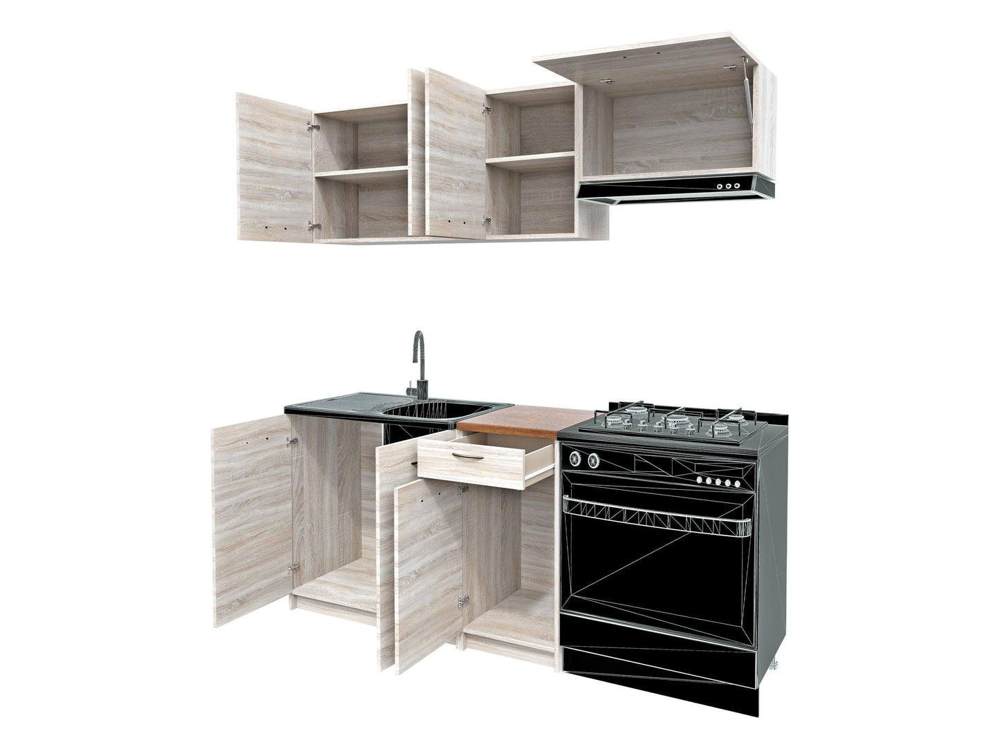 Mela Kitchen 180/120 cm, Kitchen Unit, 5 Cabinet Modules Freely Combinable (Artisan Oak/Black)