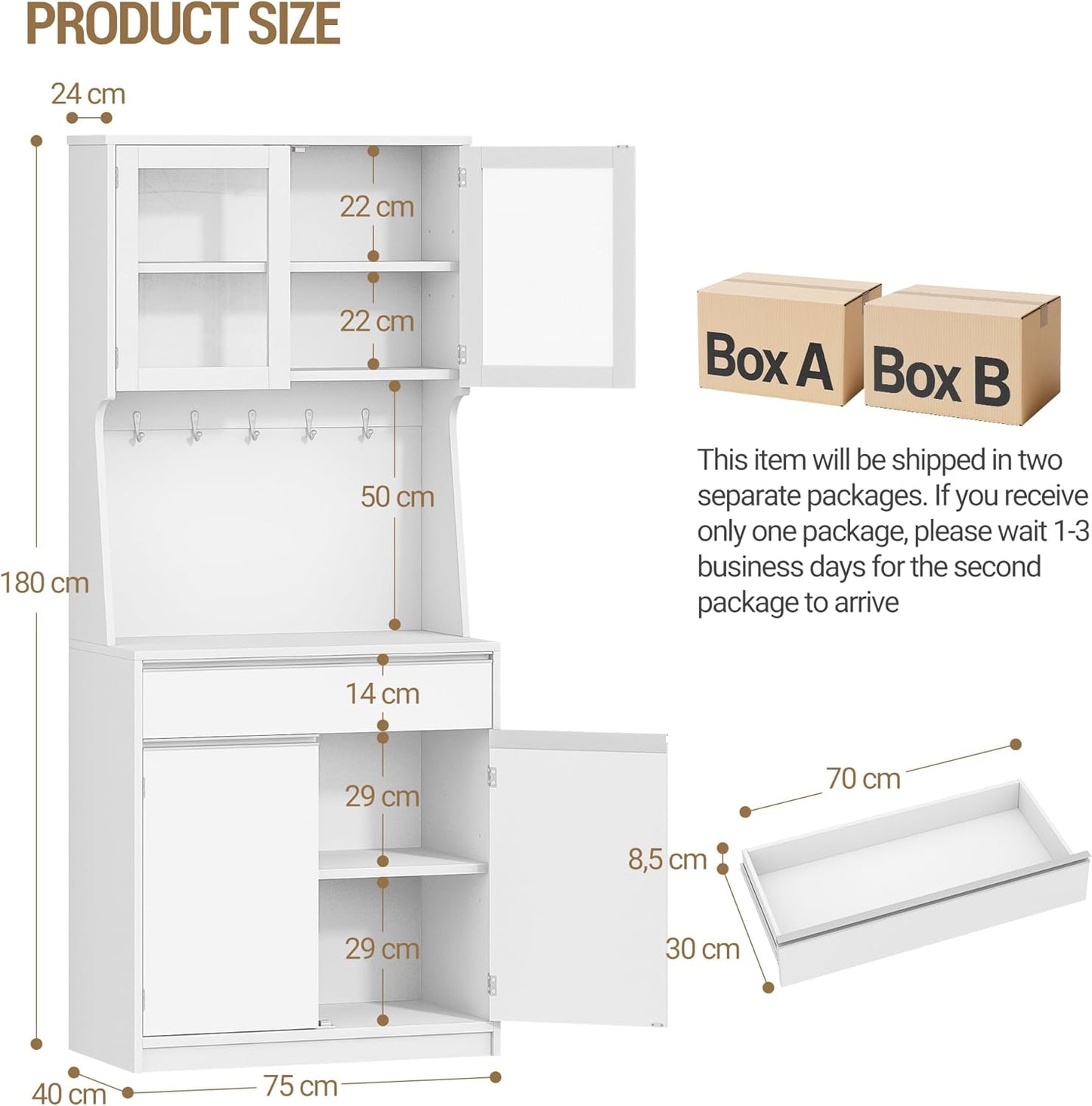 Hzuaneri PT40003X Kitchen Cabinets, Buffet Cabinet, Tall Cabinet with Worktop and 4 Storage Compartments, Adjustable Shelves, Suitable for Kitchen or Living Room, 40 × 75 × 180 cm, Hemp White