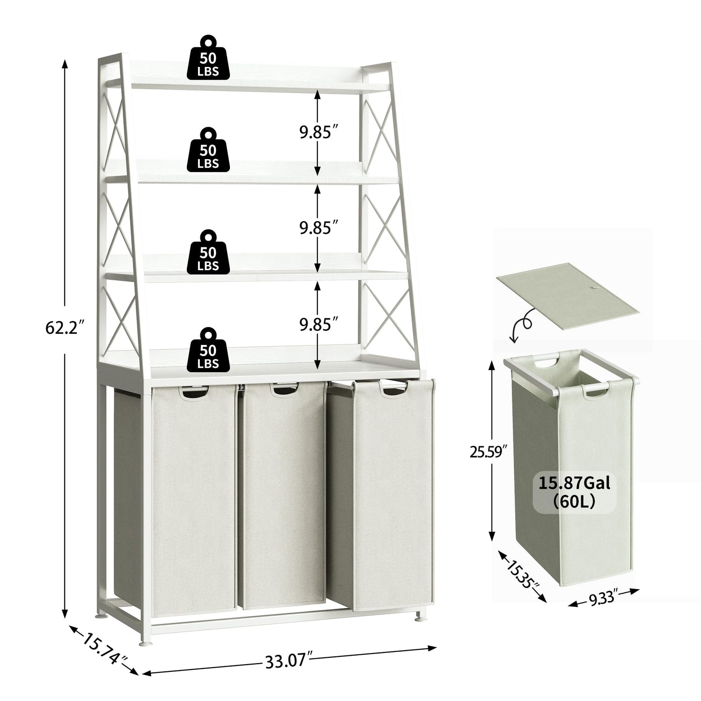 Herture Laundry Basket 3 Compartments Laundry Hamper with 4 Shelves Laundry Basket Removable Laundry Bags Large 3 x 60L for Laundry Room Bathroom Ink Black Vintage Brown PF05XLN