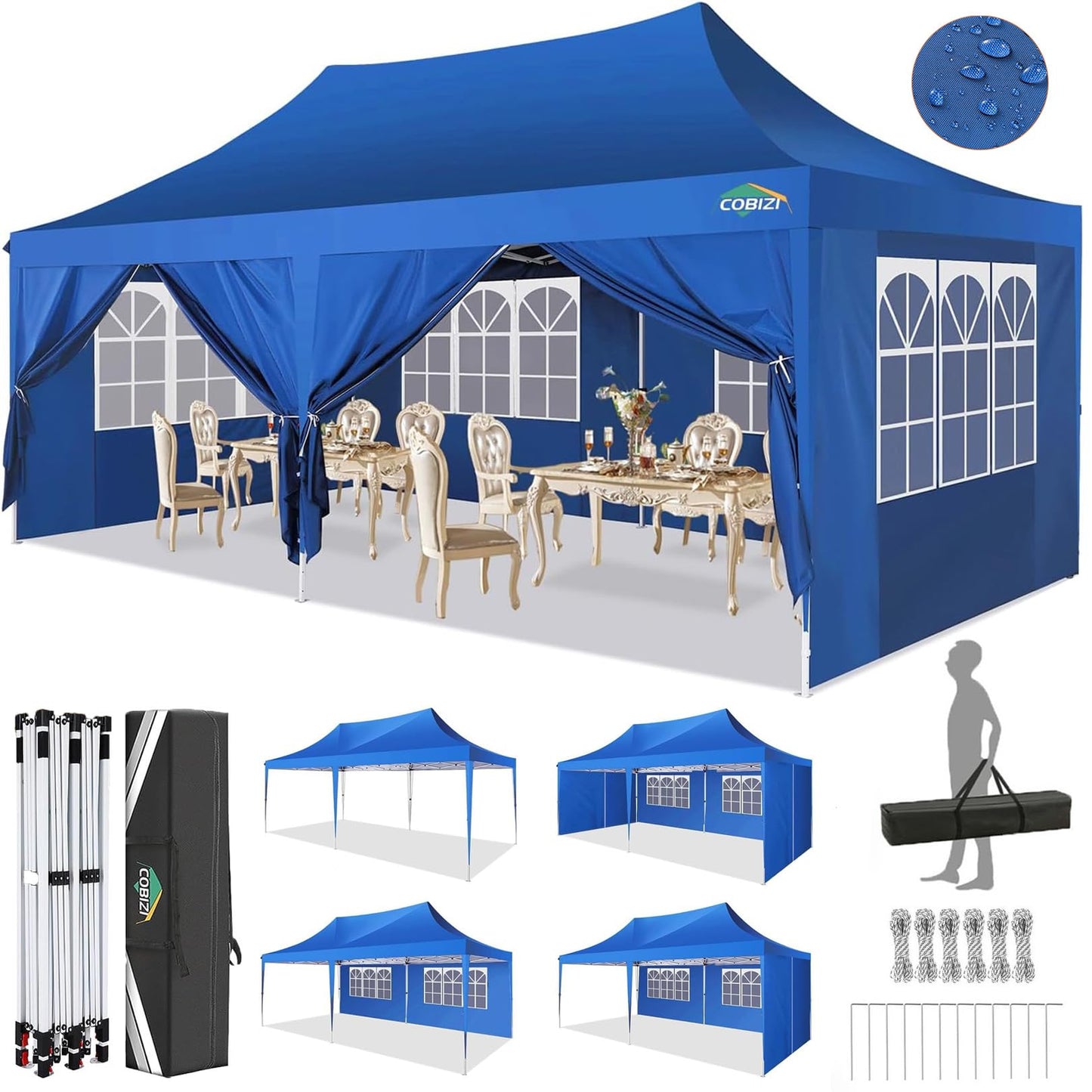 COBIZI Pavillon 3x6,Faltpavillon 3x6 Wasserdicht Stabil Winterfest, Sofort aufklappbare Vordächer Outdoor Gartenzelt mit 6 Seitenteilen, für Party Garten Festival, Weiß