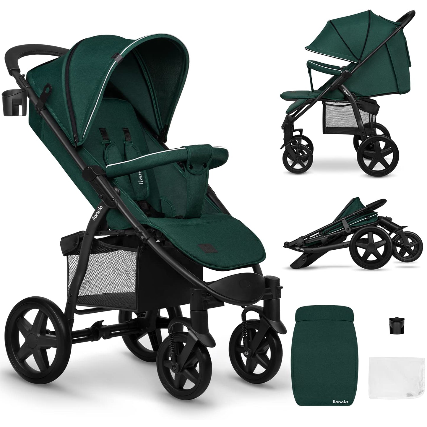 LIONELO Annet Buggy up to 22 kg with Reclining Function, Small Folding Pushchair with Accessories, EVA Foam Wheels, Mosquito Net, Foot Cover Drink Holder, Basket