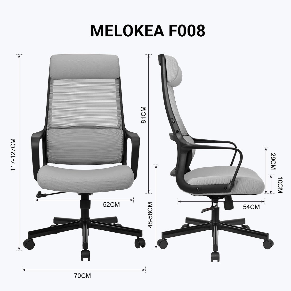 Ergonomic Office Chair with Height Adjustable Headrest, High Back, Lumbar Support, Silent Casters, Heavy Duty Chair for Conference Workspace Area, EN1335 Standard (Grey)
