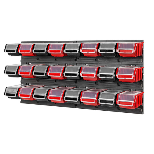 PAFEN Storage System, Stacking Boxes with Lid, Wall Shelf, 772 x 390 cm, Pack of 24 Boxes, Tool Wall, Workshop Shelf, Chute Rack, Black/Red