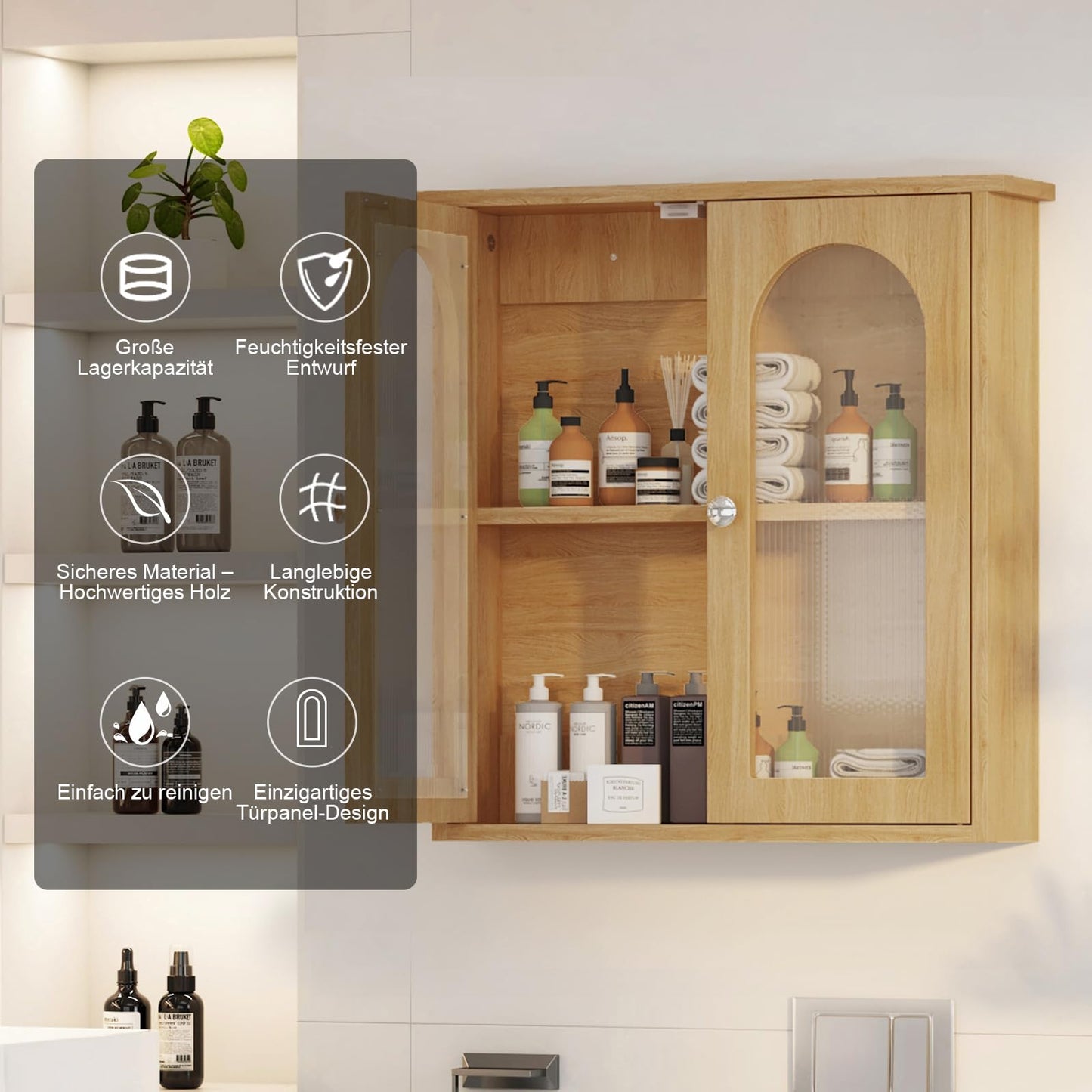 Bathroom Mirror Cabinet with 2 Doors, Wall Cabinet for Over the Toilet, Surface-Mounted Kitchen Wall Cabinet, Wall Cabinet with Shelves, Multifunctional Bathroom Cabinet, Natural