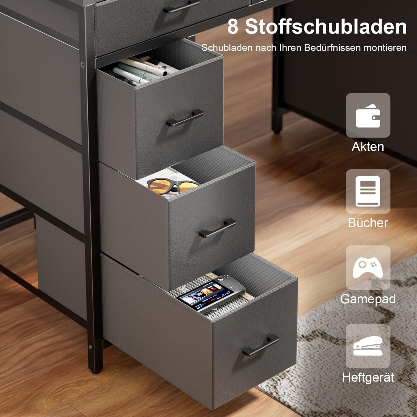 Schreibtisch mit 8 Schubladen, Computertisch mit 2 Steckdosen und 2 USB Ladeanschluss, Bürotisch mit LED und Monitorständer, PC Tisch für Büro, Wohnzimmer, 120 x 50 x 74 cm, Weiß