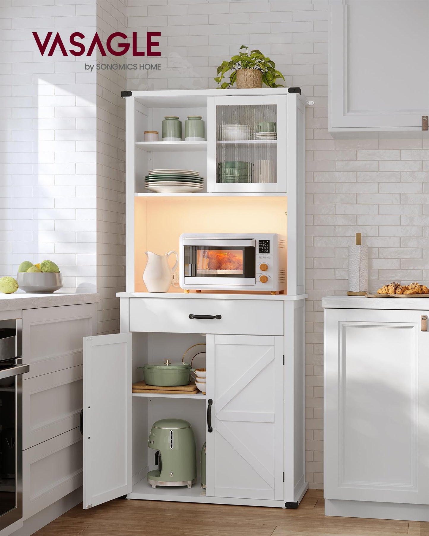 VASAGLE Sideboard with Lighting and Charging Station Kitchen Cabinet Storage Cabinet with Doors and Drawers 39.5 x 106.5 x 180.6 cm Adjustable Shelves Country Style Vintage White BBK391W02