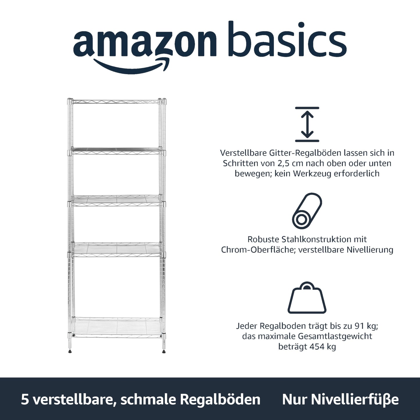 Amazon Basics Narrow Storage Unit with 4 Shelves, Height Adjustable Shelves and Leveling Feet, Maximum Weight 363 kg, Black, 34 cm D x 58.9 cm W x 121.9 cm H