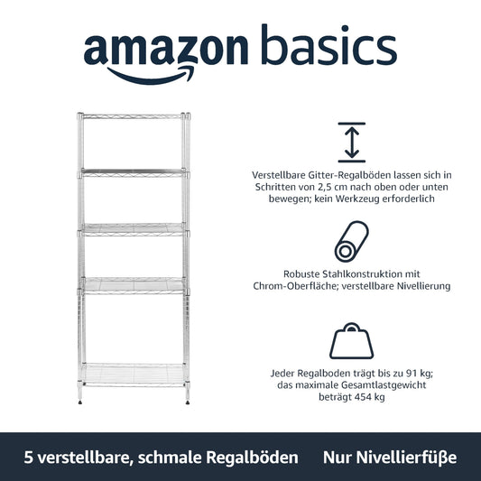 Amazon Basics Narrow Storage Unit with 4 Shelves, Height Adjustable Shelves and Leveling Feet, Maximum Weight 363 kg, Black, 34 cm D x 58.9 cm W x 121.9 cm H