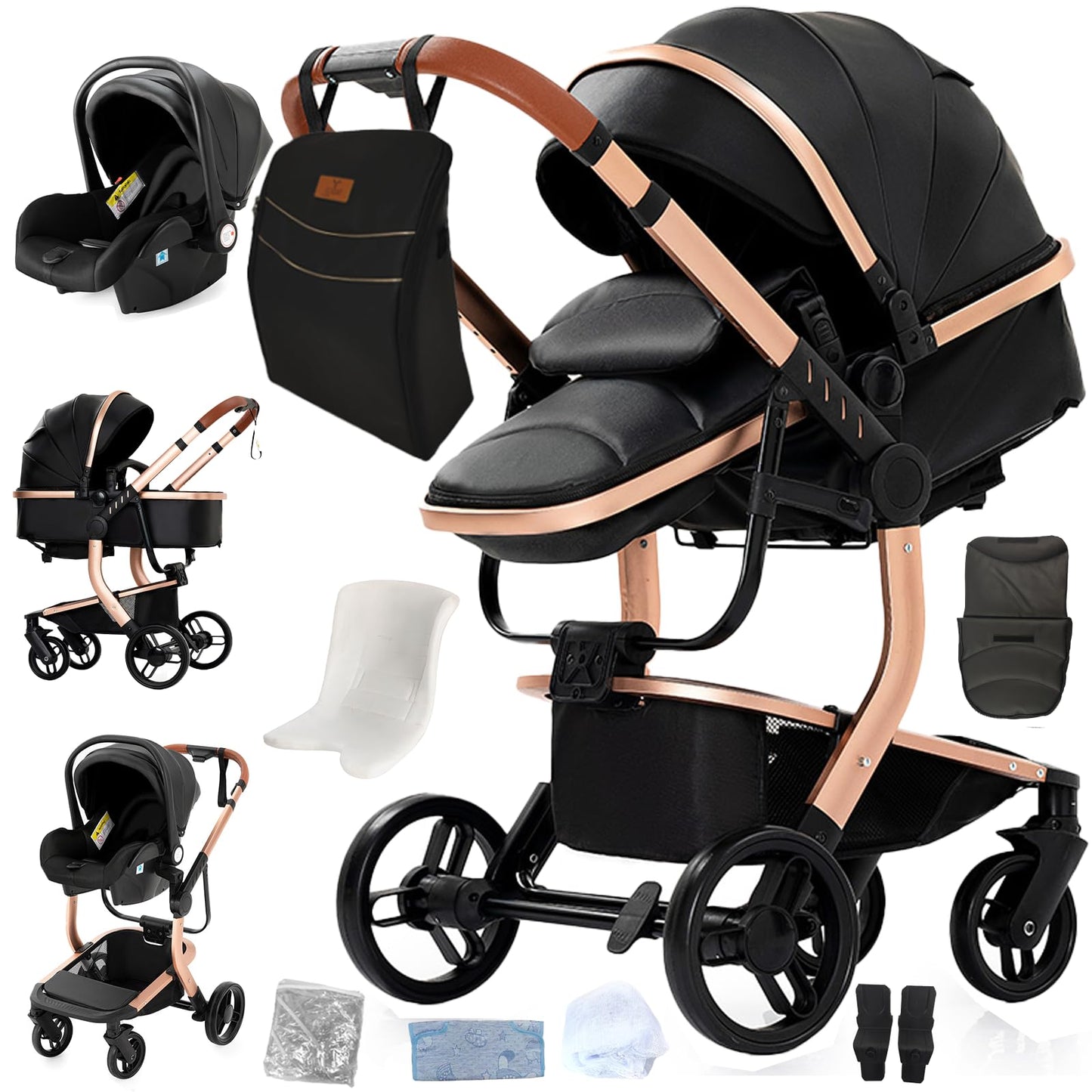 Doraystar 360° Rotation PU Leather Pushchair 3-in-1 Combination Pushchair 3-in-1 with Two Reversible Sliding Modes, Pushchair Complete Set with One-Click Folding Design, Aluminium Alloy Frame (906