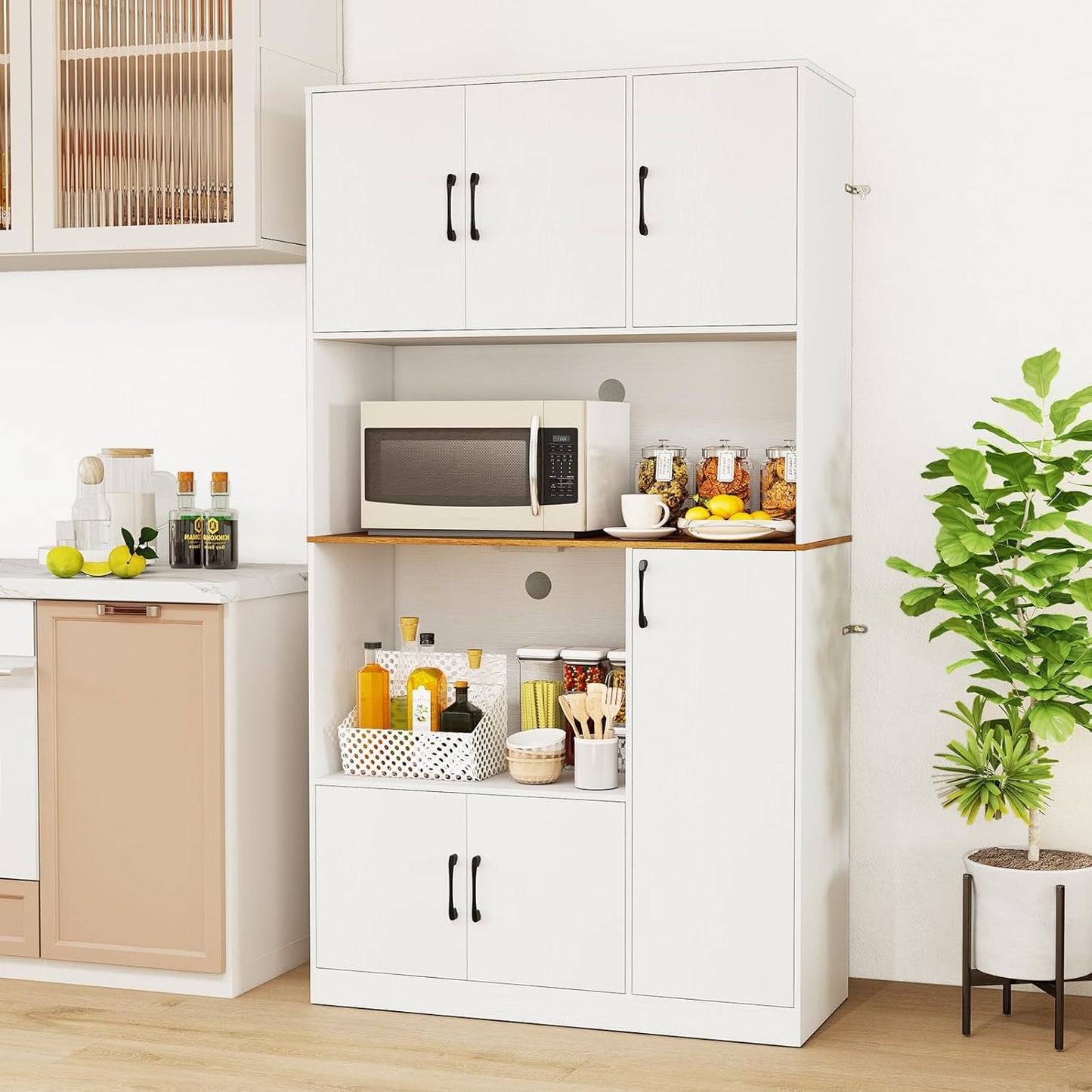 COSTWAY Wooden Kitchen Cabinet, Buffet Cabinet with Socket, Tall Cabinet with Doors & Worktop, Storage Cabinet for Kitchen & Living Room, 100 x 40 x 180 cm (White)