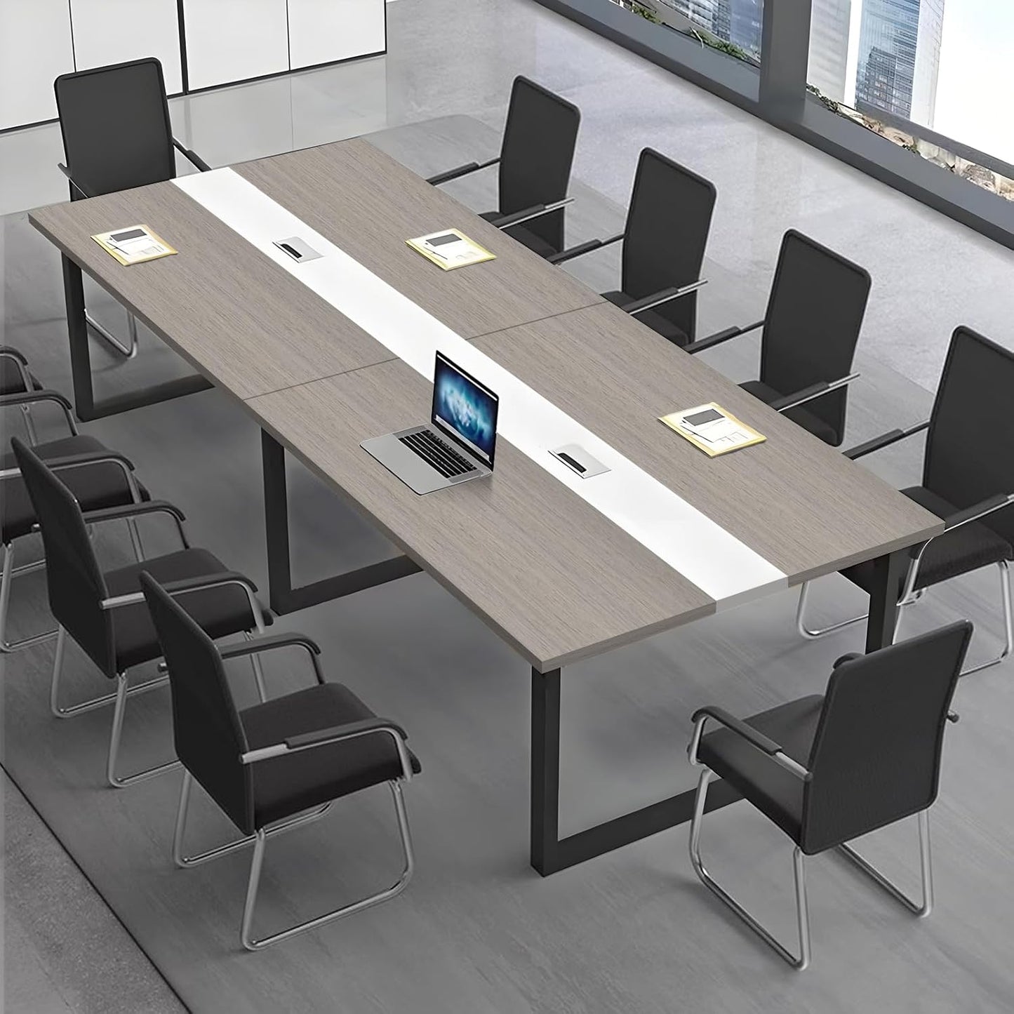 Large Conference Table, Modern Meeting Table with Cable Channel and Black Metal Frame for 8-12 People, Rectangular Seminar Table for Office, Conference Room