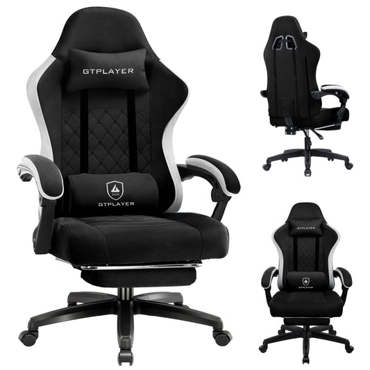 GTPLAYER Gaming Chair, Ergonomic Gaming Chair, Desk Chair with Fabric Surface, Spring Seat Cushion, Connecting Armrests and Footrest, Light Black