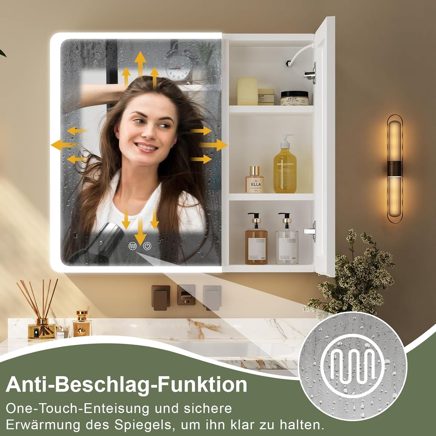 Aovquof Mirror Cabinet with Lighting - 90 x 60 cm Bathroom Mirror Cabinet with Storage Space, Bathroom Mirror Cabinet with Adjustable Dimmable LED Lights with Demist Function, Modern Cream Colour