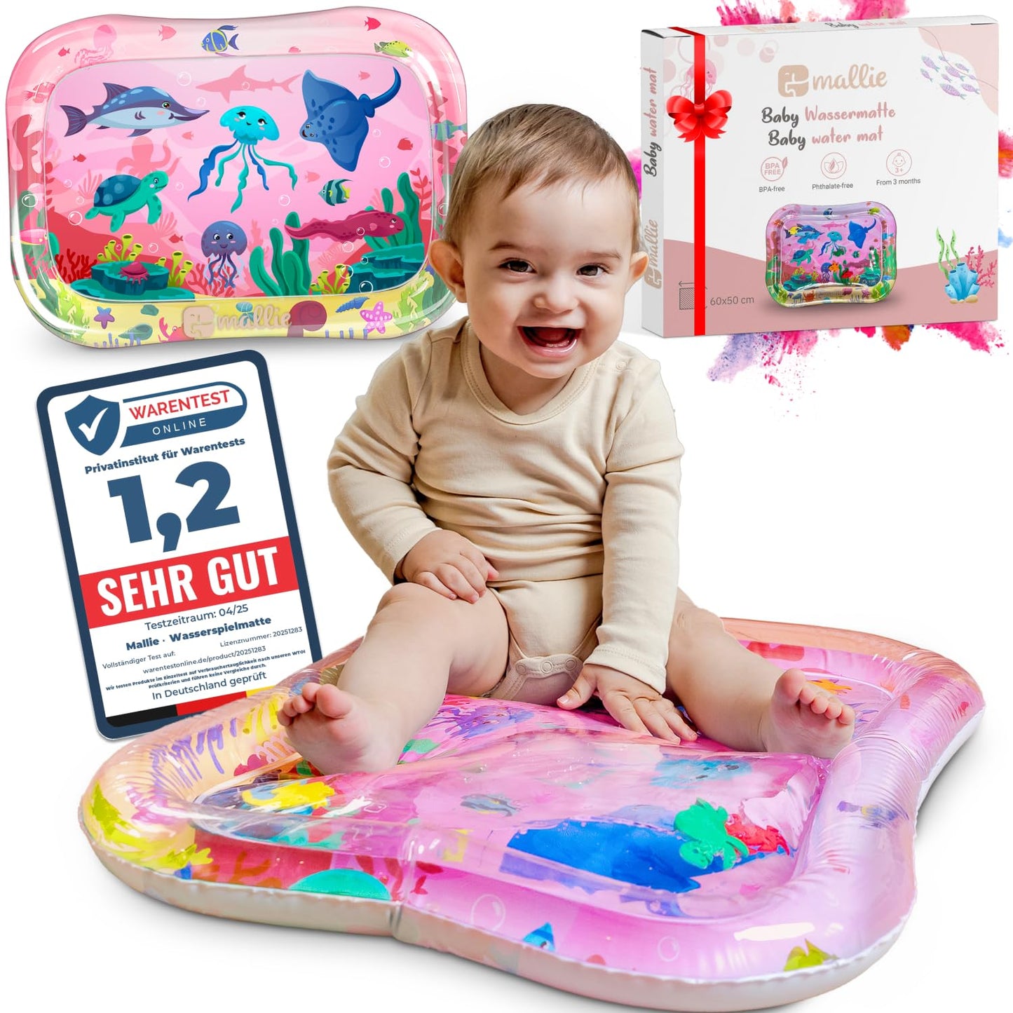 Mallie® Wassermatte Baby 66x50 CM [100% BPA & Schadstoff-Frei] ab 3, 6 und 9 Monate im Ozean Blau Design I Baby Spielzeug, Spielzeug Ab 6 Monate als Wassermatte Baby und Baby Spielzeug 6 Monate