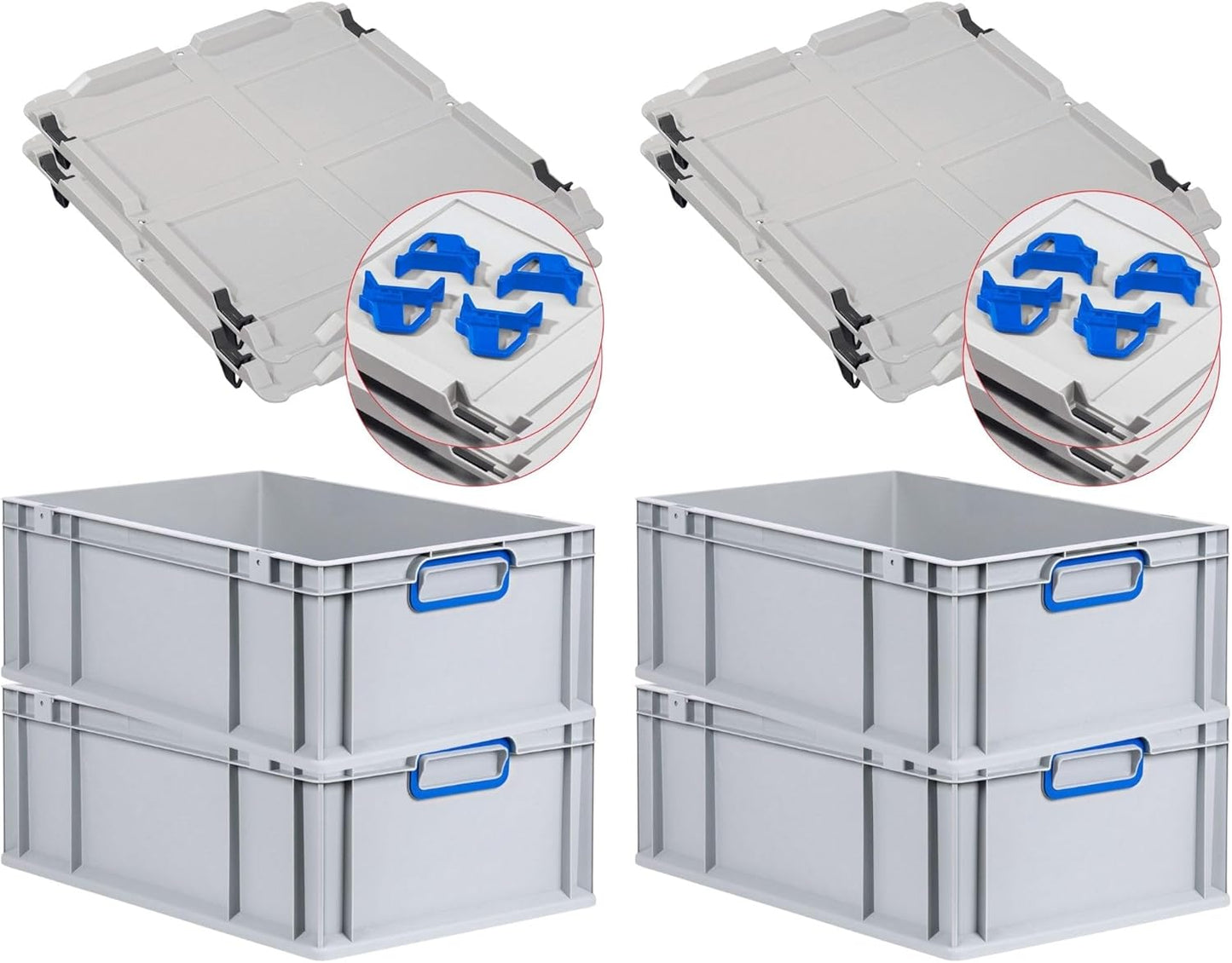 PROREGAL Economy Set of 5 Eurobox NextGen Colour with Lid and Sliding Snap Fasteners, H x W x D 22 x 30 x 40 cm, 20 L, Black, Closed Handles, Euro Container, Transport Box, Transport Container