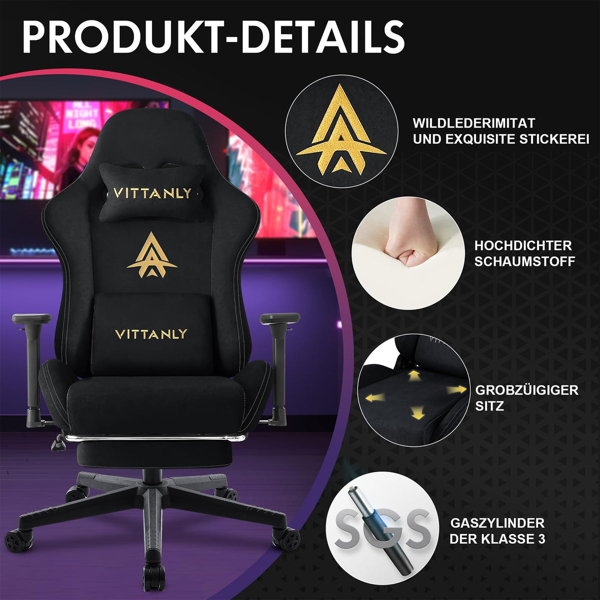 Vittanly Gaming Stuhl, Luxuriöser Wildlederimitat Gaming Chair Bürostuhl, Ergonomischer Schreibtischstuhl mit Fußstütze Kopfstütze und Lendenkissen, 3D Armlehnen, 90-155° Rückenlehne, Weinrot