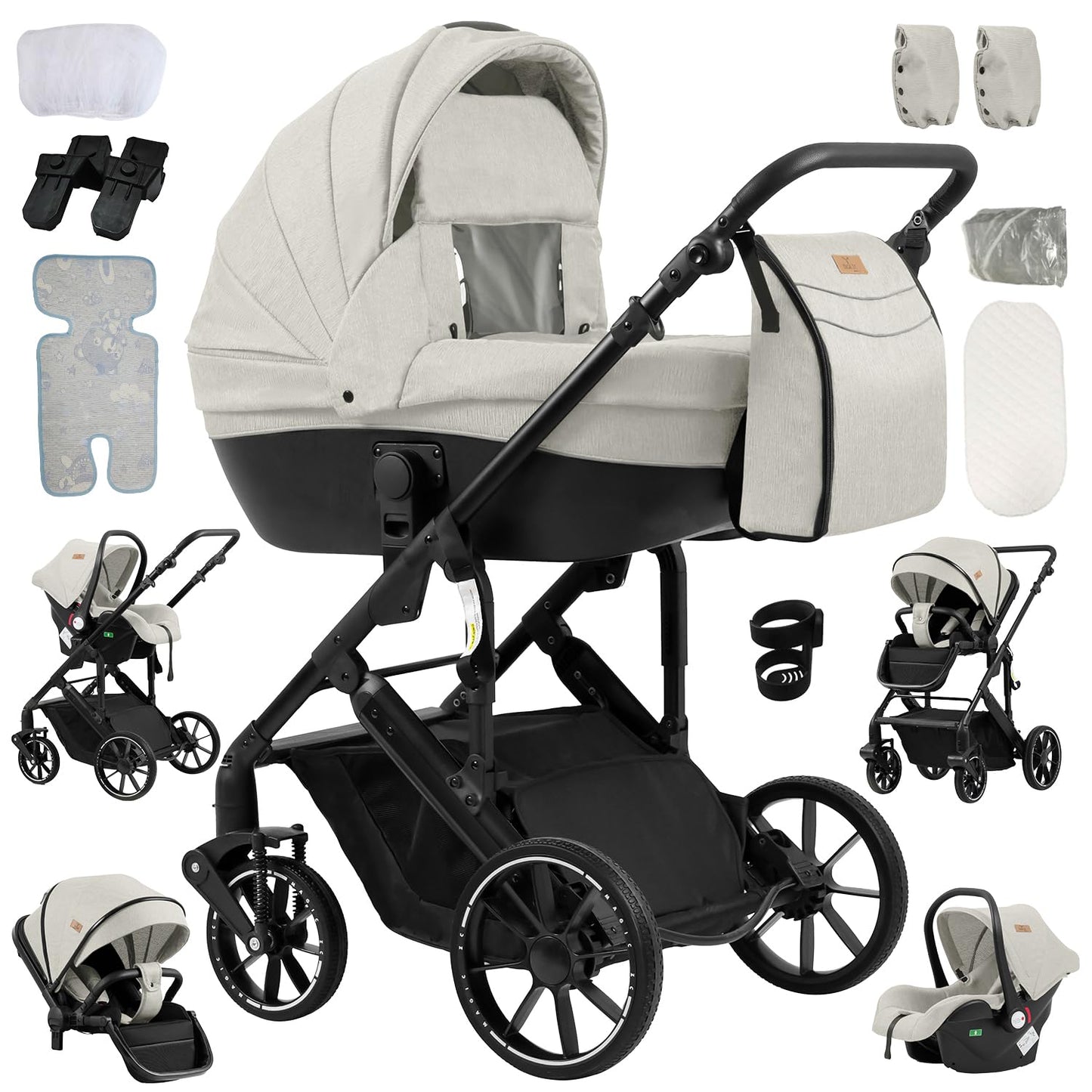 PU Leather Pushchair 3-in-1, Buggy with One-Click Folding Design, Pushchair with Two Reversible Sliding Modes, Combination Pushchair 3-in-1 Complete Set Frame Aluminium Alloy (518 Black)