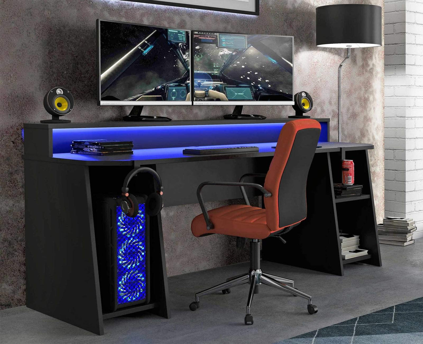Forte TEZAUR Computer Desk Gaming Desk with LED Lighting and Shelf, Wood Material, Black, W x H x D: 200 x 91.1 x 125.4 cm