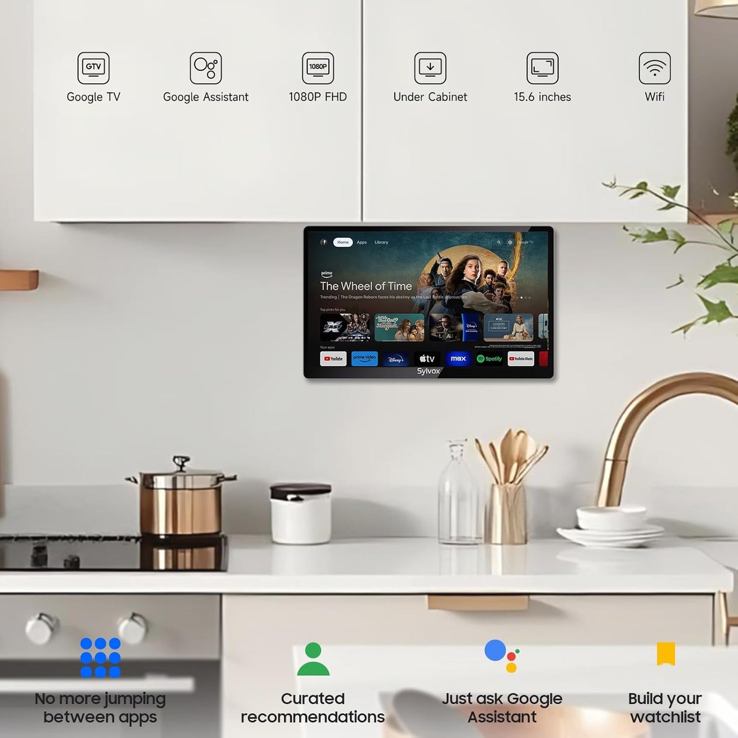 SYLVOX 15.6 Inch Kitchen TV - Mini Smart TV with Google TV, DVB-C/T2/S2, 1080P Full HD, Rotatable and Foldable, Under Cabinet Mountable, 12 V Small TV for Kitchen, Children's Room, Laundry