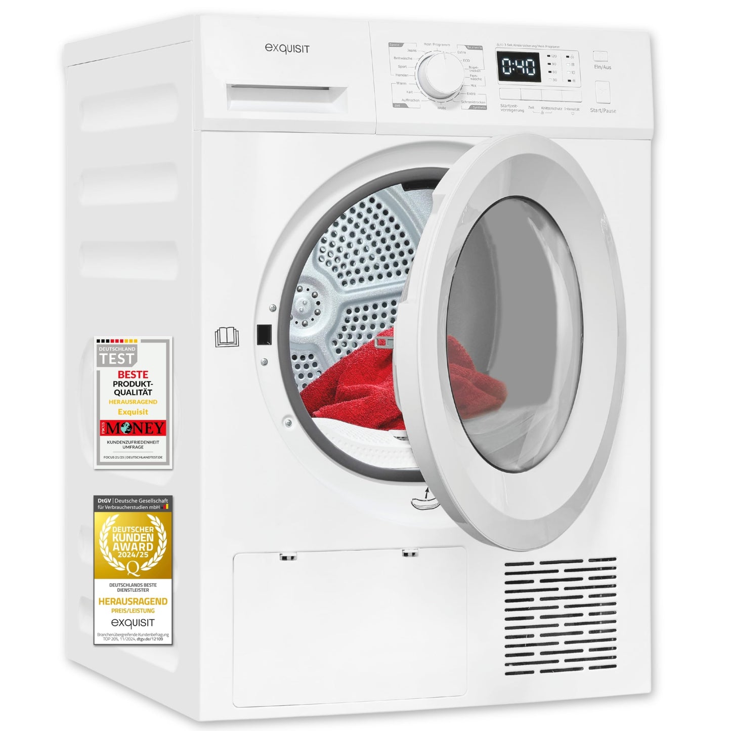 Exquisit Clothes Dryer 7 kg, Dryer, Delay Start, Wrinkle Protection, Exhaust Dryer, 15 Programmes, Child Lock, Energy Class G, TAE70-70 White