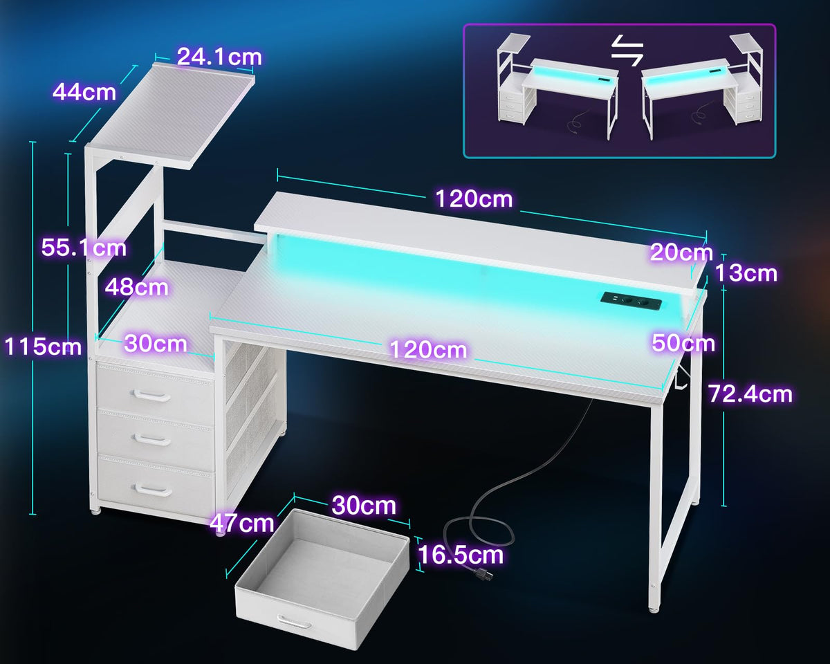 Coleshome Gaming Table with Drawers, 151 x 50 cm Gaming Desk with LED Lighting & Socket, Computer Desk with Shelves & Monitor Stand, Carbon Fibre Black