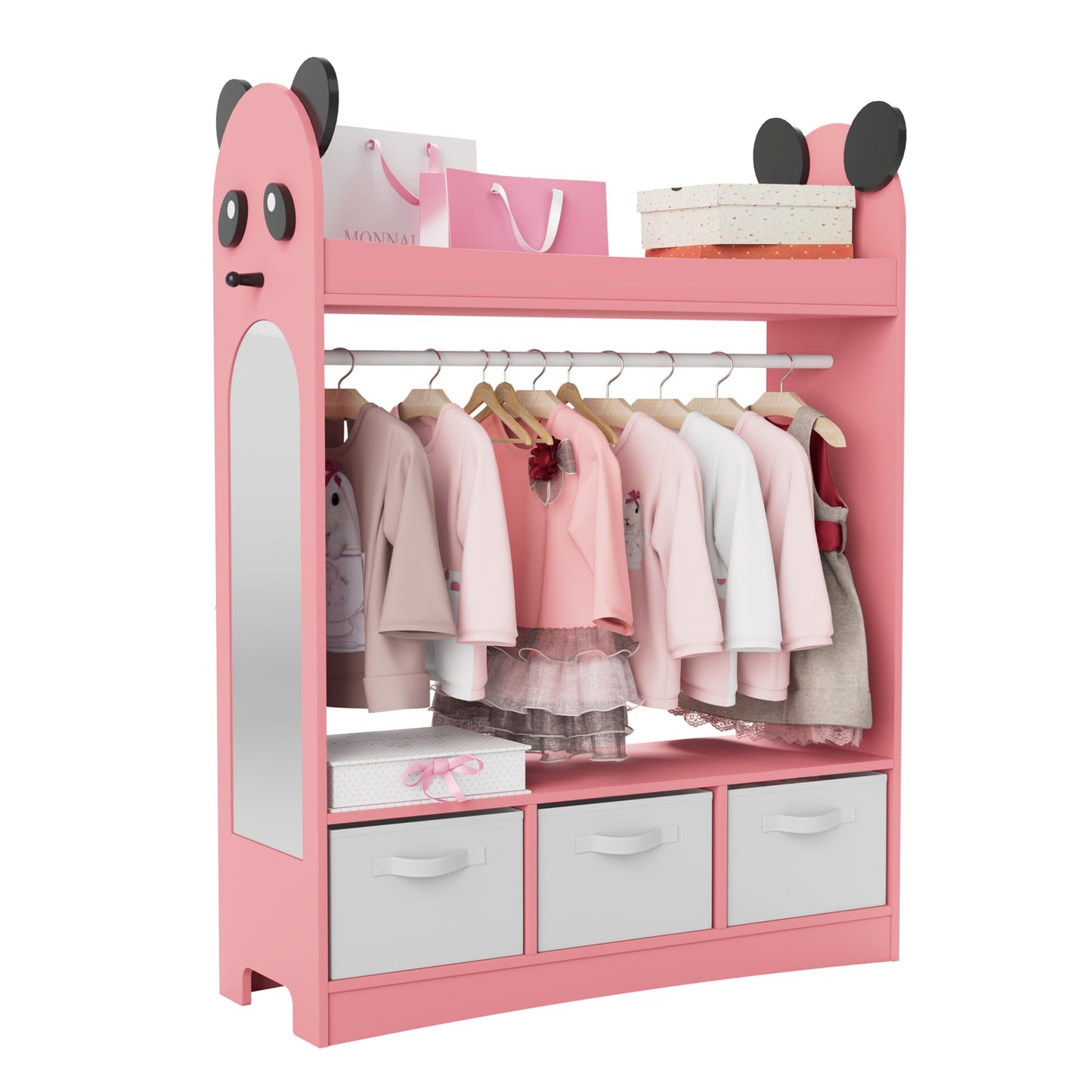 Children's Clothes Rack with Mirror, Clothes Rail with Shelves, Children's Wardrobe Wood, Children's Shelf for Children's Room, 81 x 28 x 106.5 cm (Clouds with 2 Drawers, White)