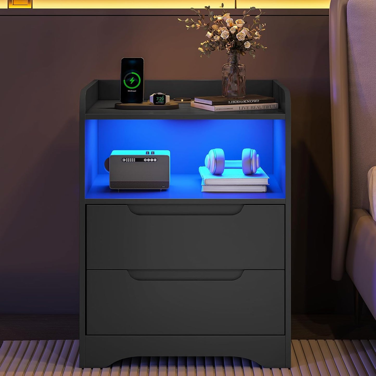 Bedside Table Set of 2 Bedside Tables with Charging Function and LED Light, Bedside Table, Set of 2 with 2 Drawers, Black Side Table, Black Coffee Table, Sofa Table for Bedroom, Living Room