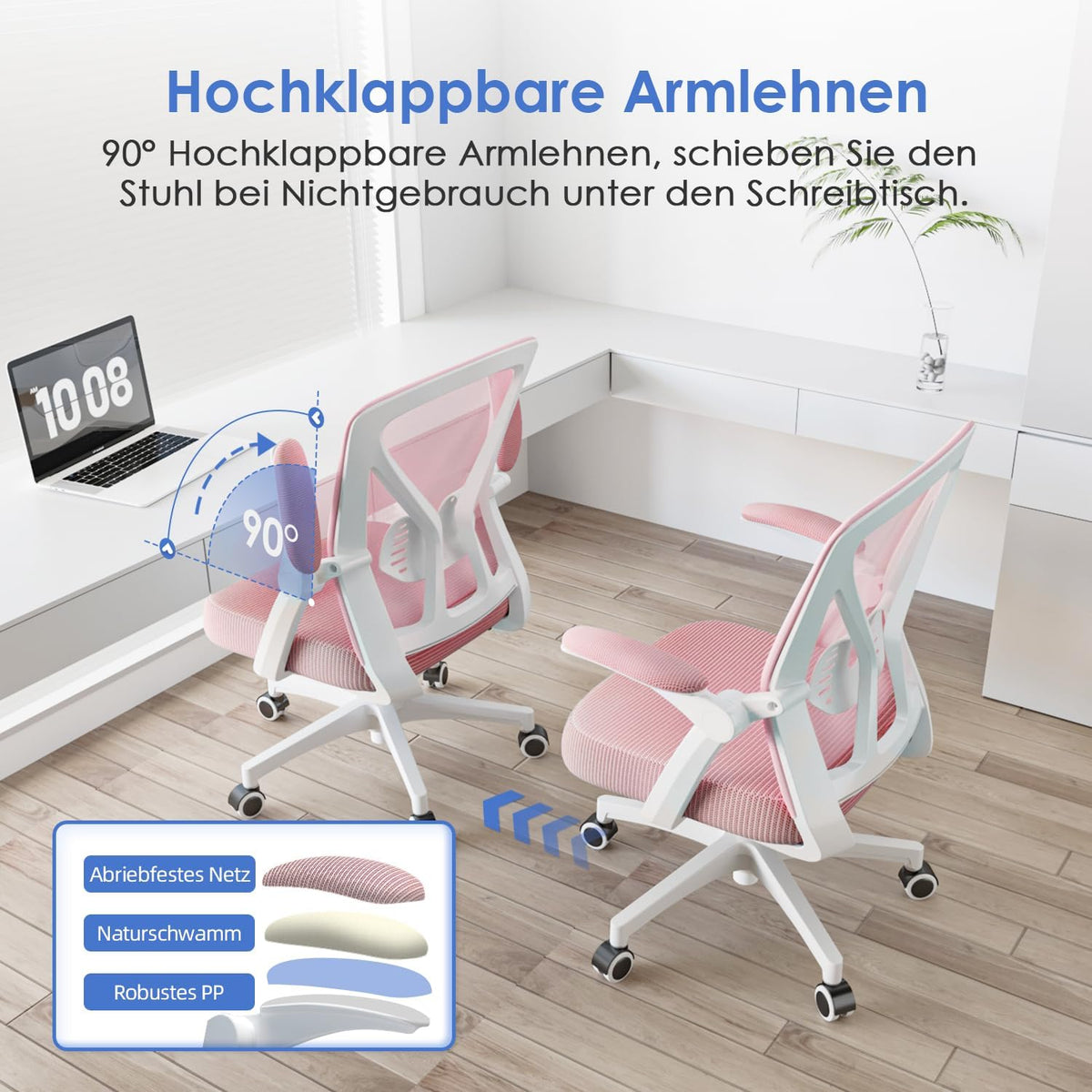 Hinonde Office Chair, Desk Chair with Folding Armrests and Rocker Function, 360° Swivel Chair, Height-Adjustable Office Chair, Ergonomic Home Office Chair with Breathable Mesh, Up to 150 kg